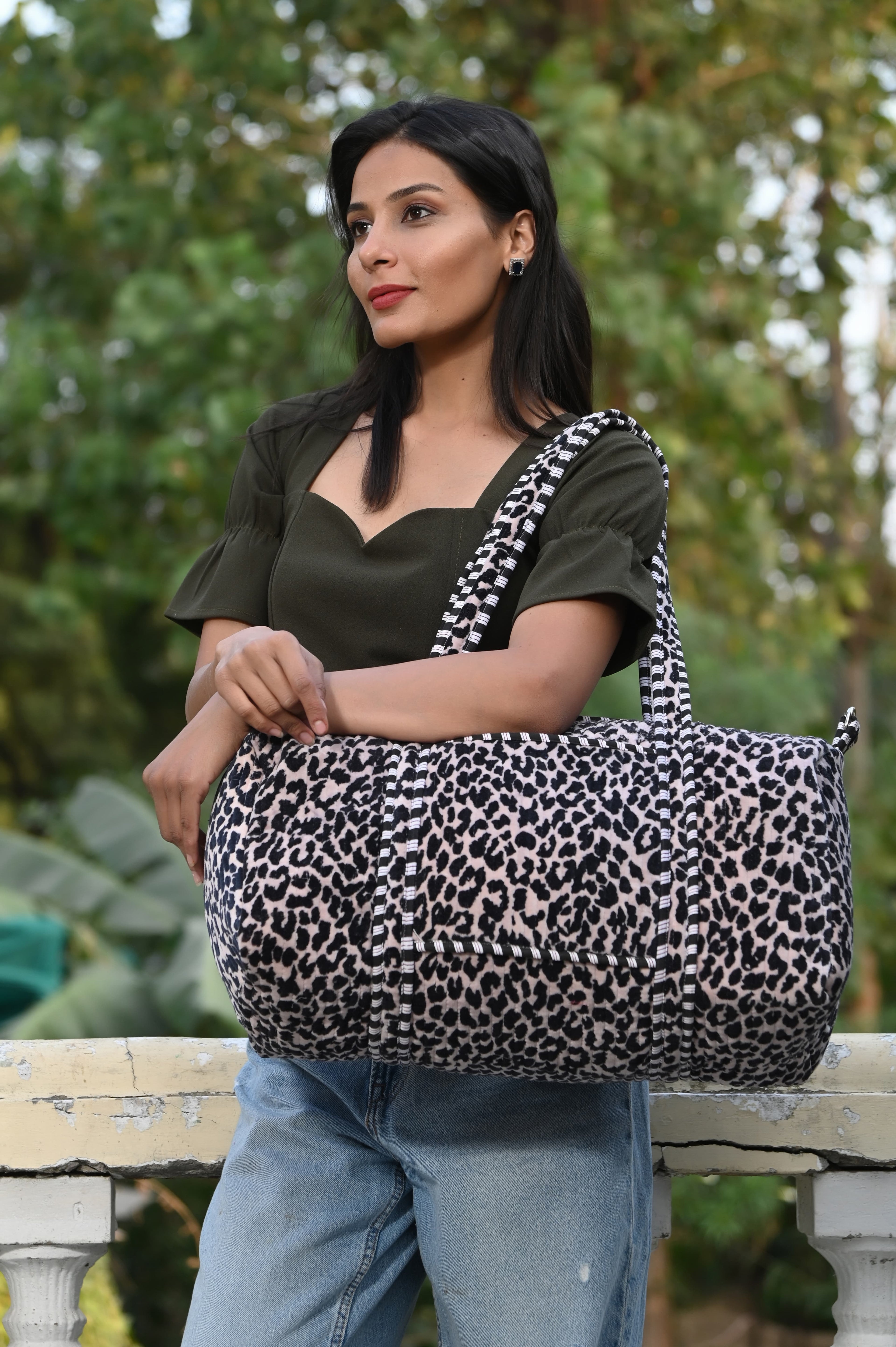 The Velvet Leopard Weekender — handmade quilted velvet weekender bag, ethically made in Rajasthan, India