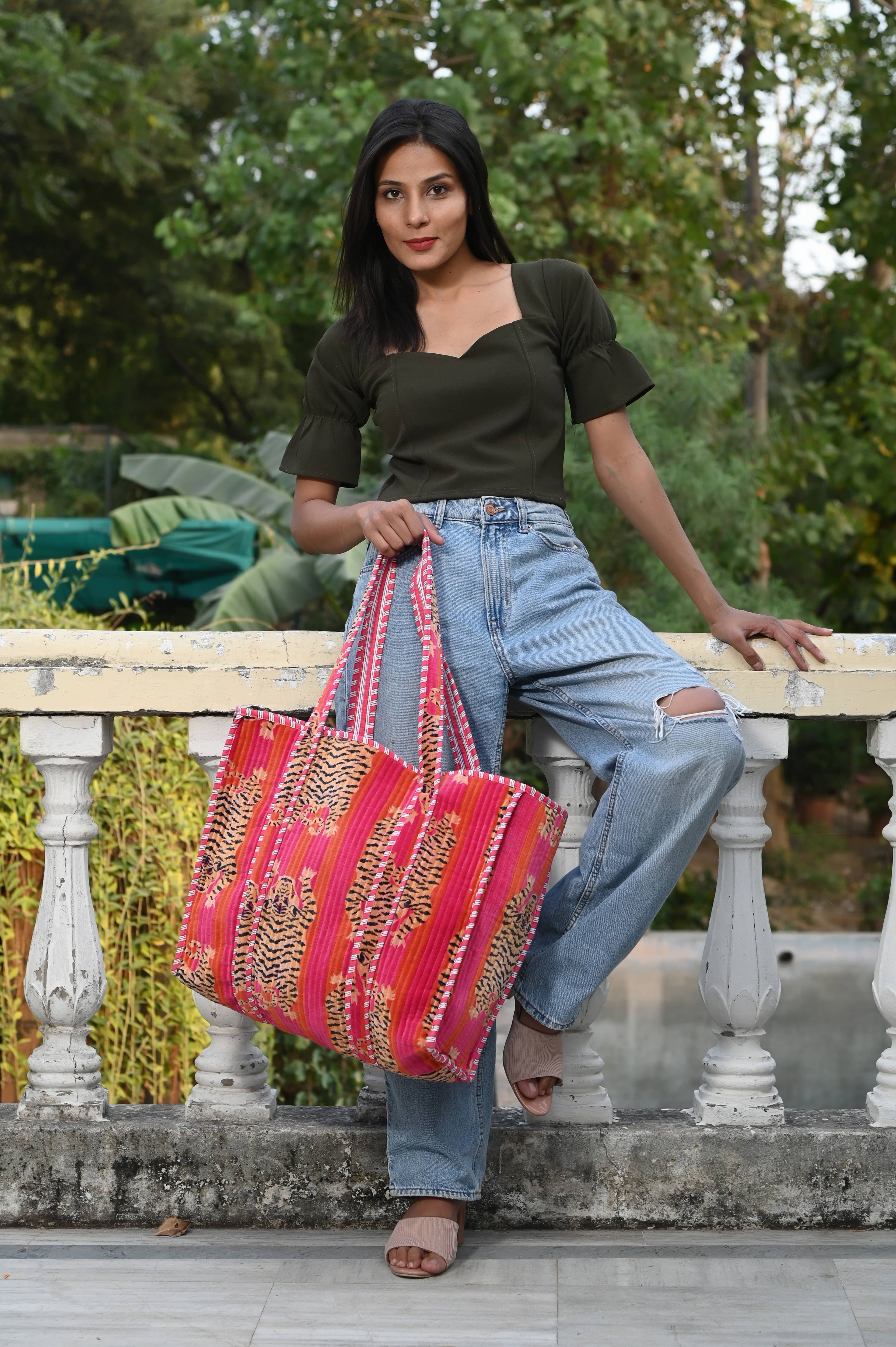 The Tibetan Tiger Tote in Velvet — handmade quilted velvet tote bag, ethically made in Rajasthan, India