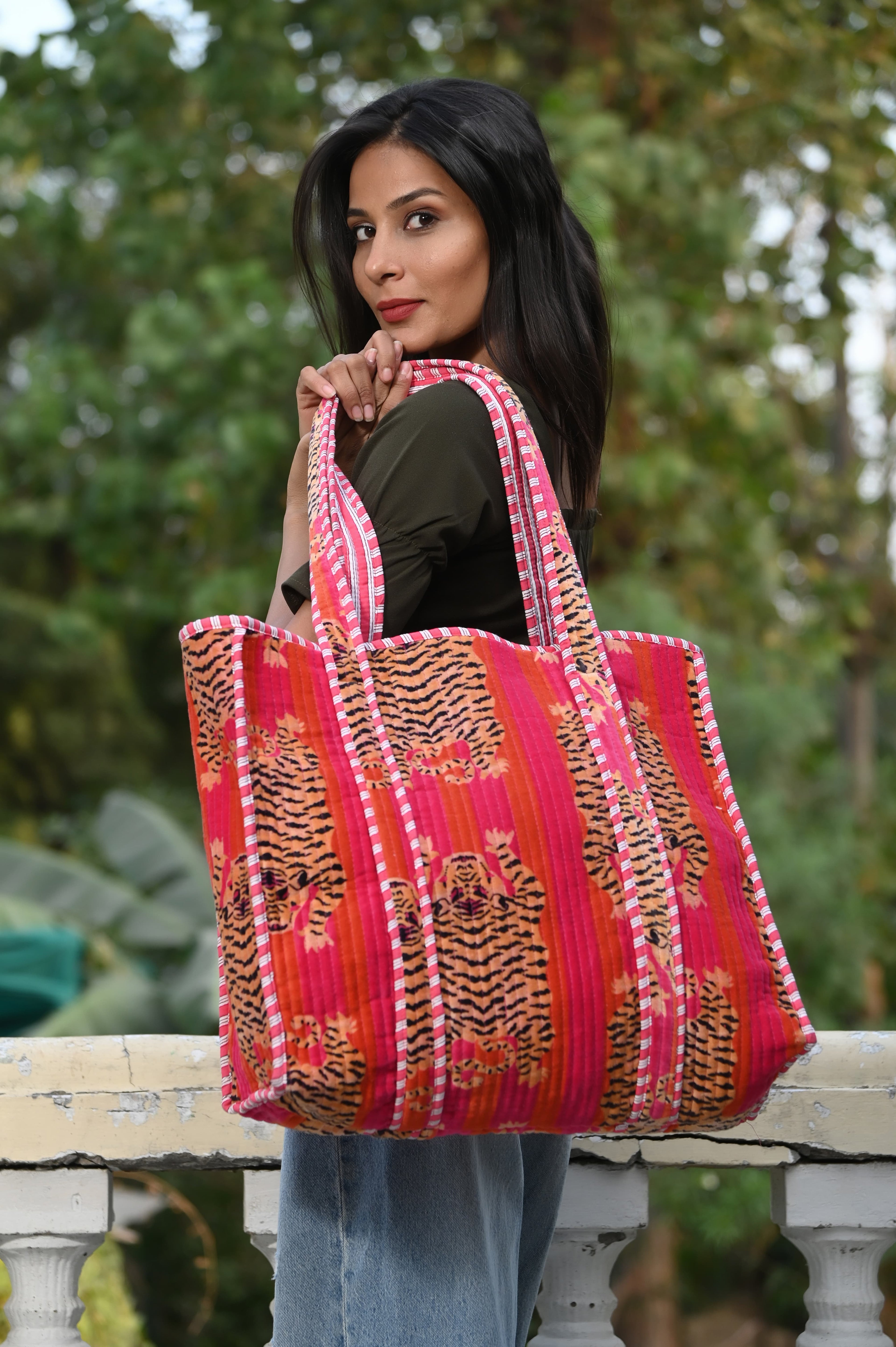 The Tibetan Tiger Tote in Velvet — handmade quilted velvet tote bag, ethically made in Rajasthan, India