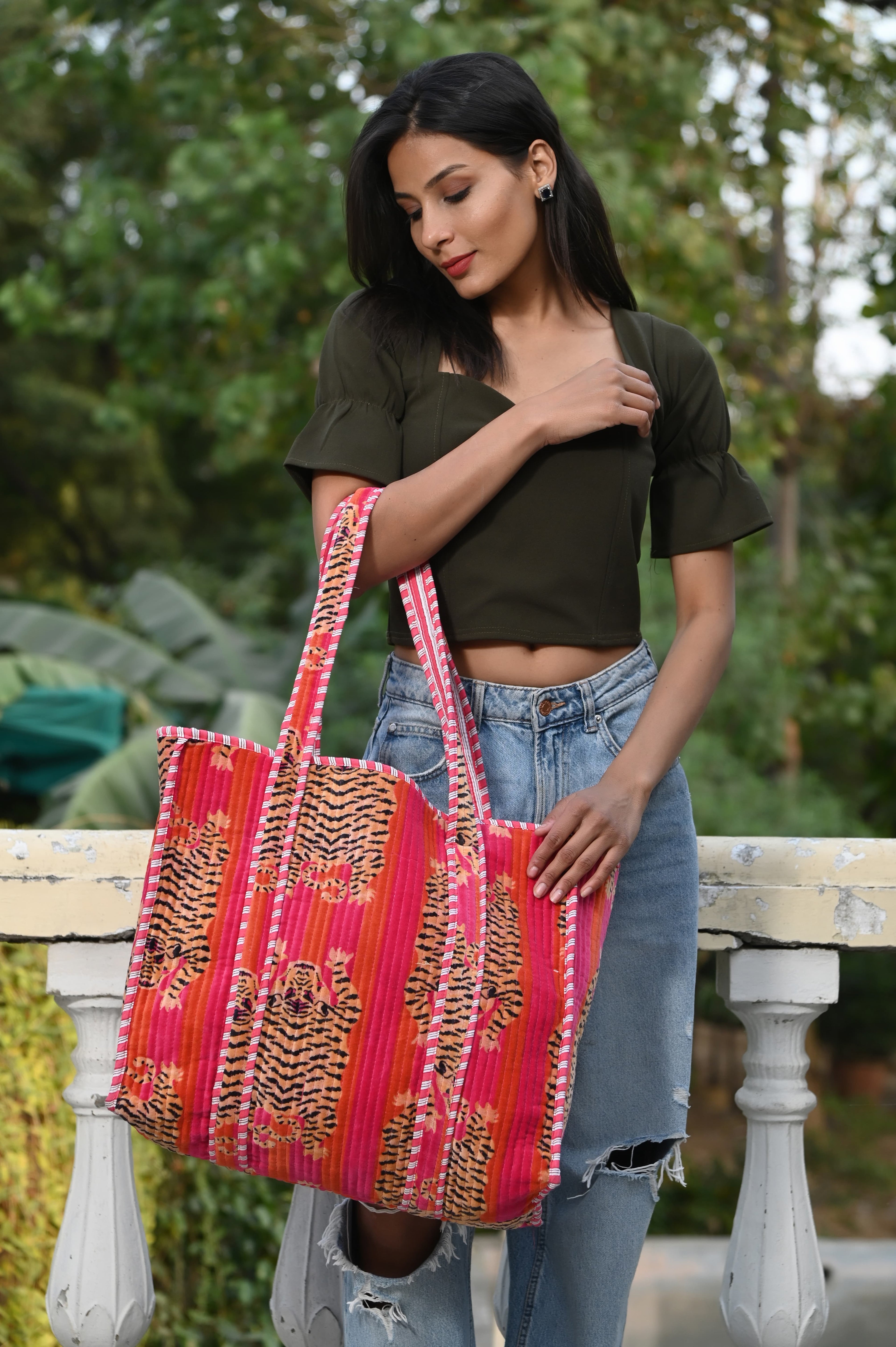 The Tibetan Tiger Tote in Velvet — handmade quilted velvet tote bag, ethically made in Rajasthan, India