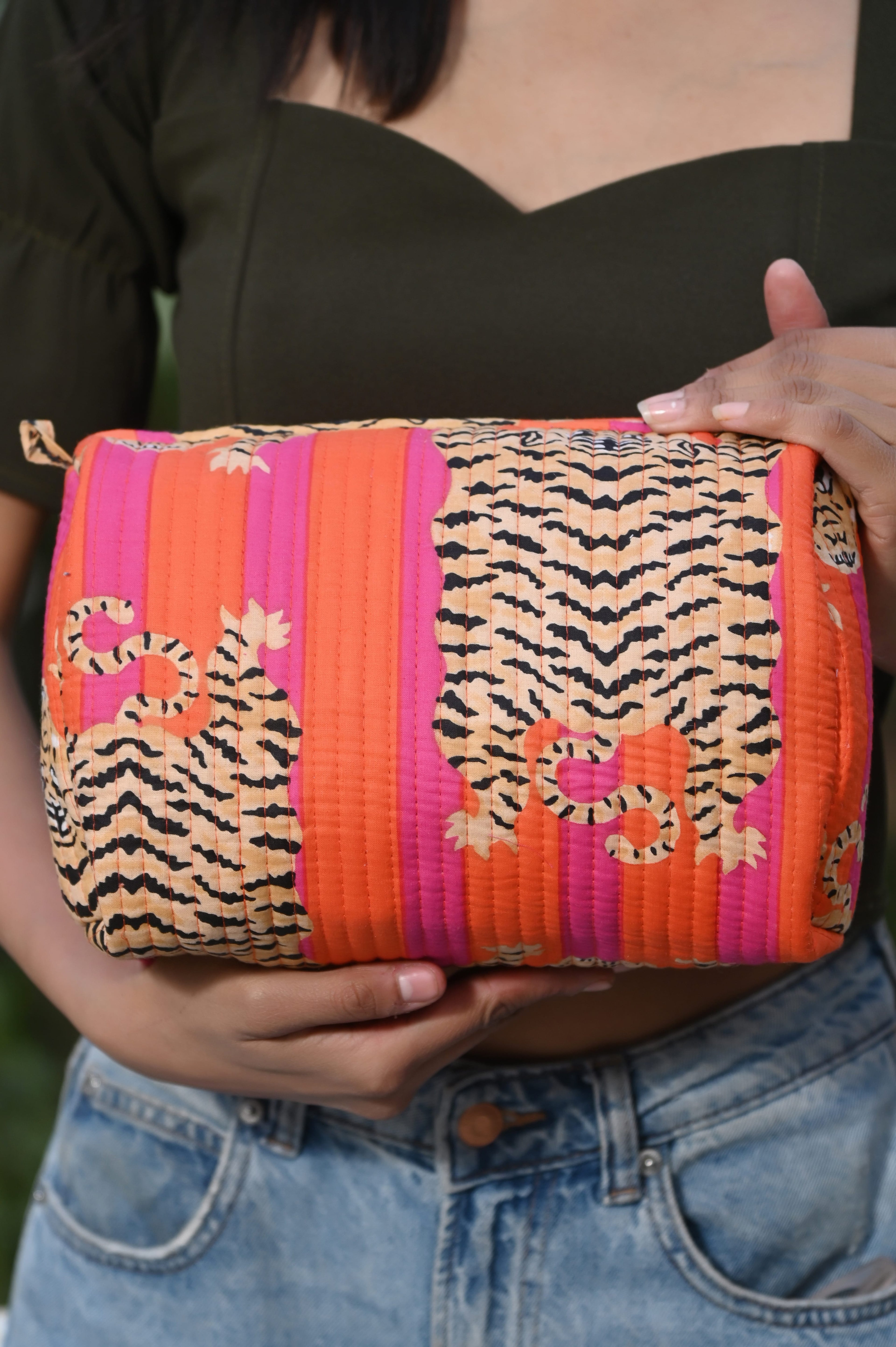 Tibetan Tiger 3 Piece Travel Set — handmade hand block printed cotton travel pouch set, ethically made in Rajasthan, India