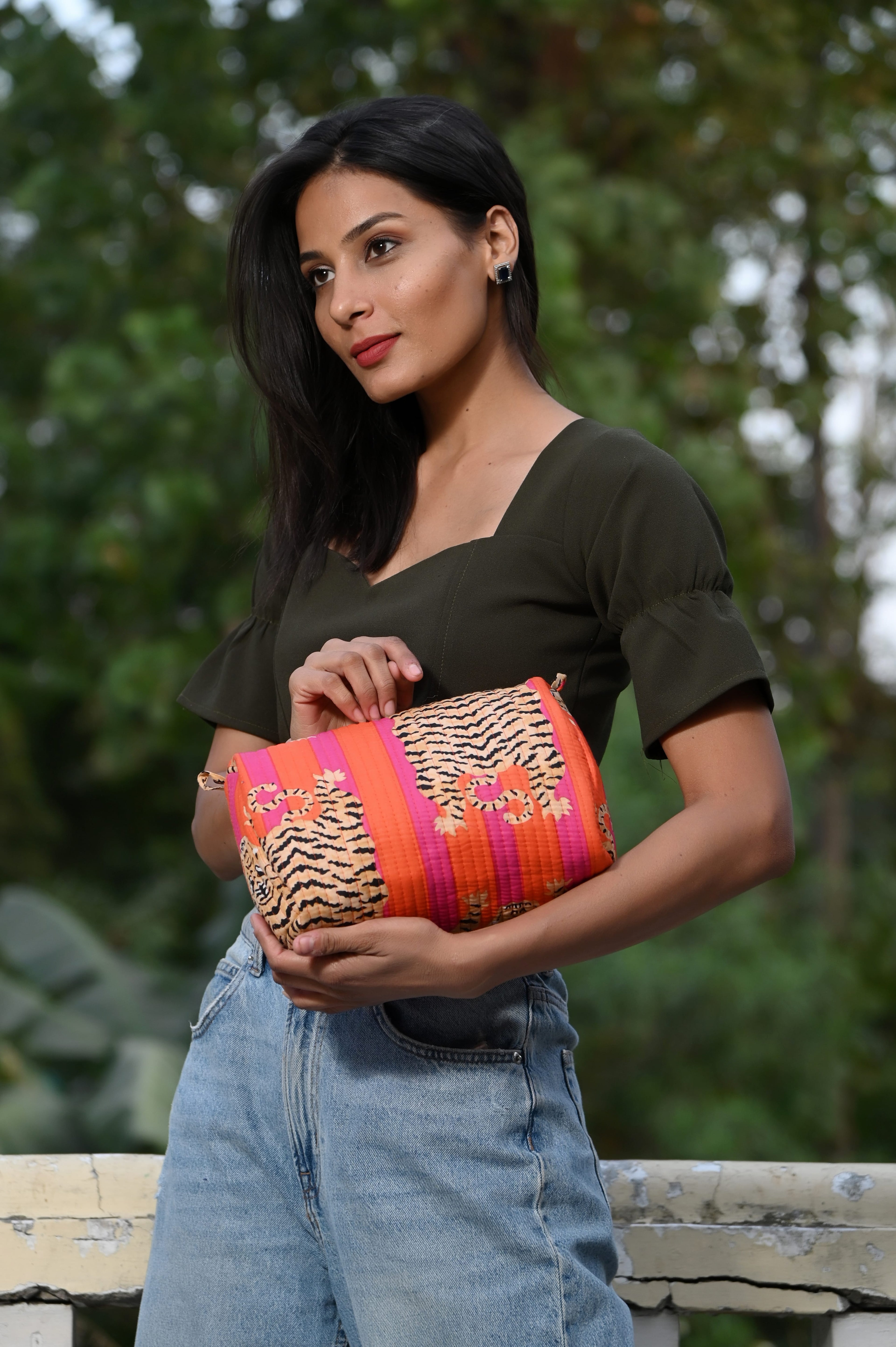 Tibetan Tiger 3 Piece Travel Set — handmade hand block printed cotton travel pouch set, ethically made in Rajasthan, India