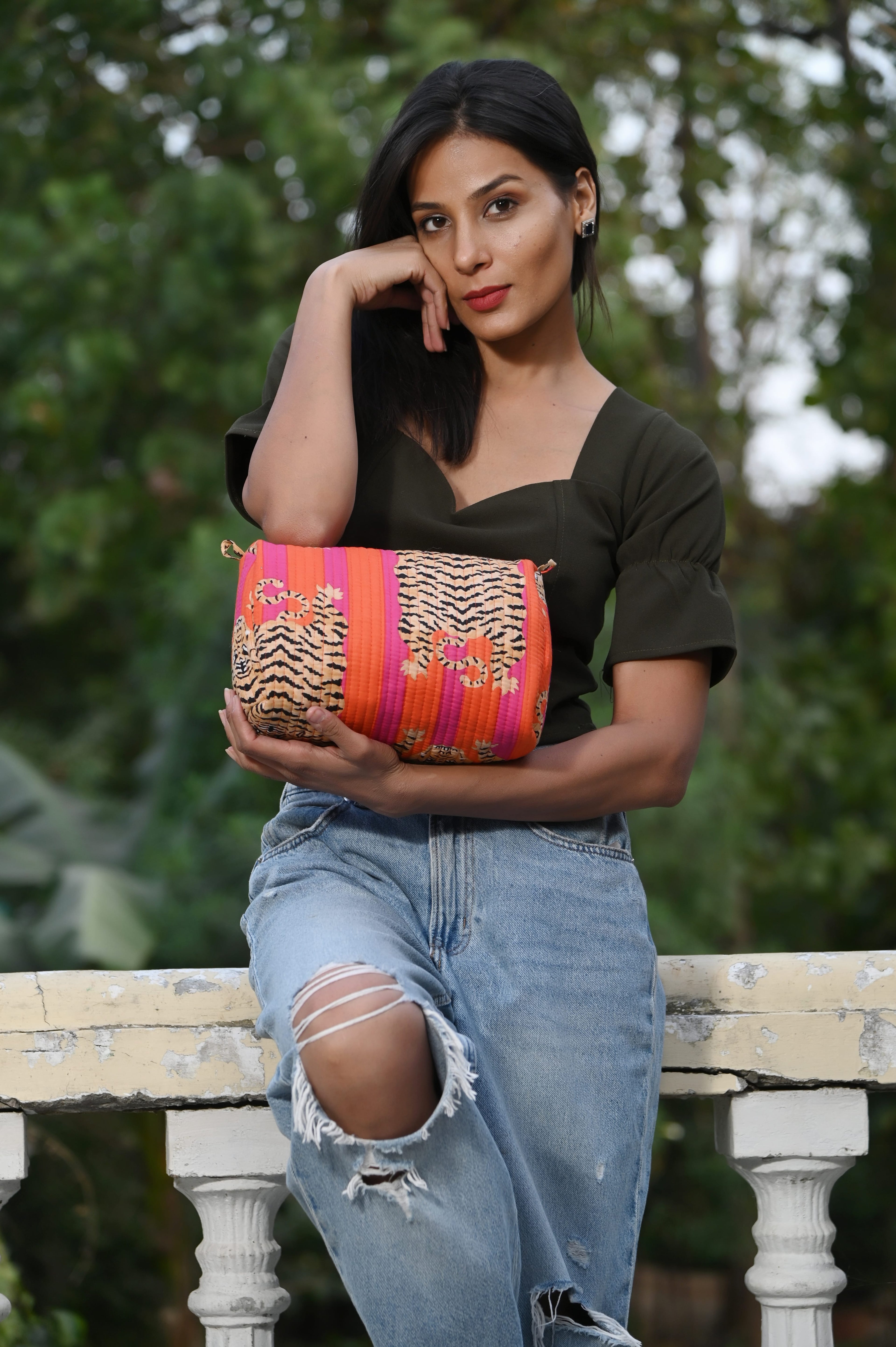 Tibetan Tiger 3 Piece Travel Set — handmade hand block printed cotton travel pouch set, ethically made in Rajasthan, India