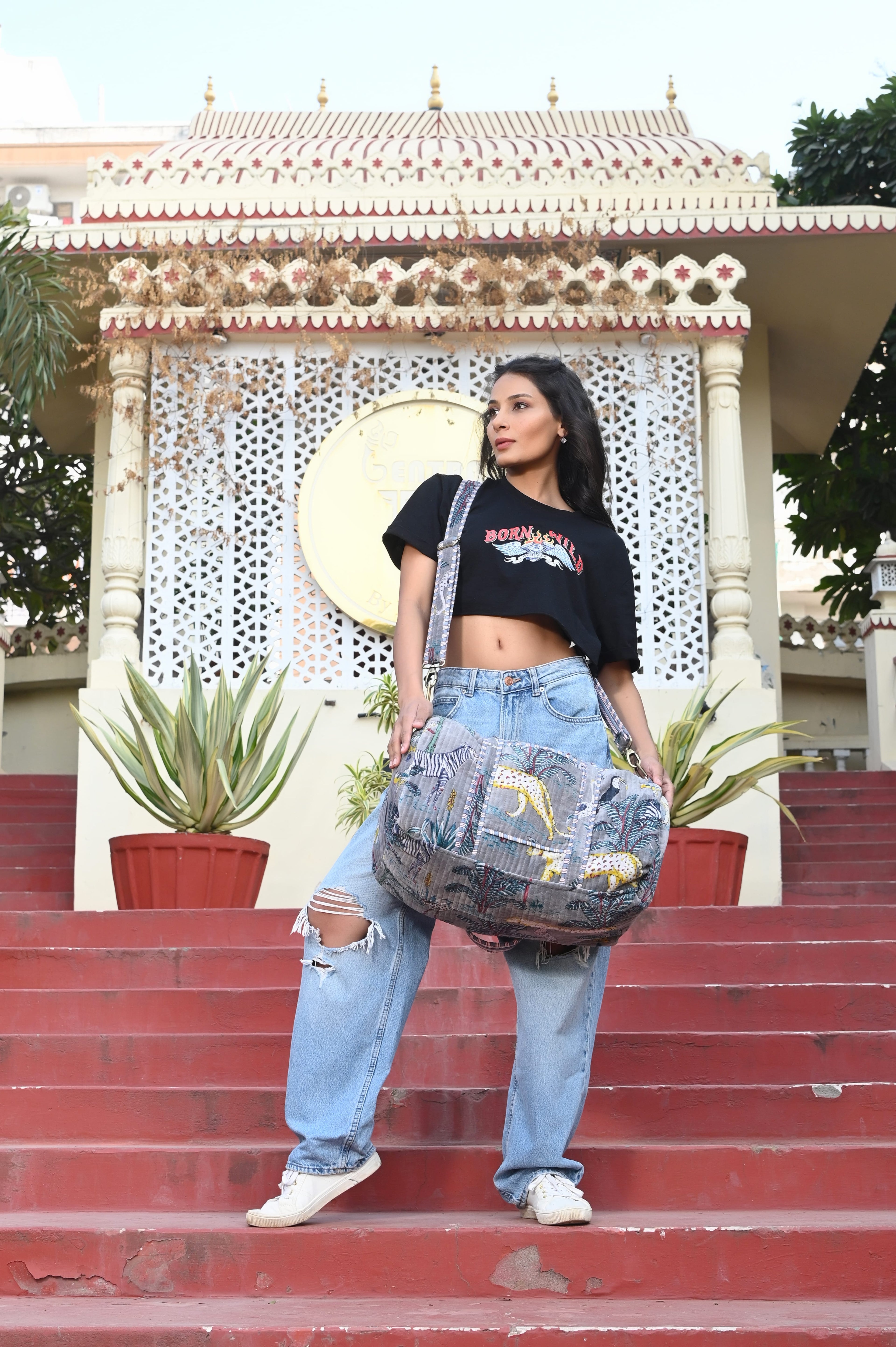 The Jungle Velvet Weekender — handmade quilted velvet weekender bag, ethically made in Rajasthan, India