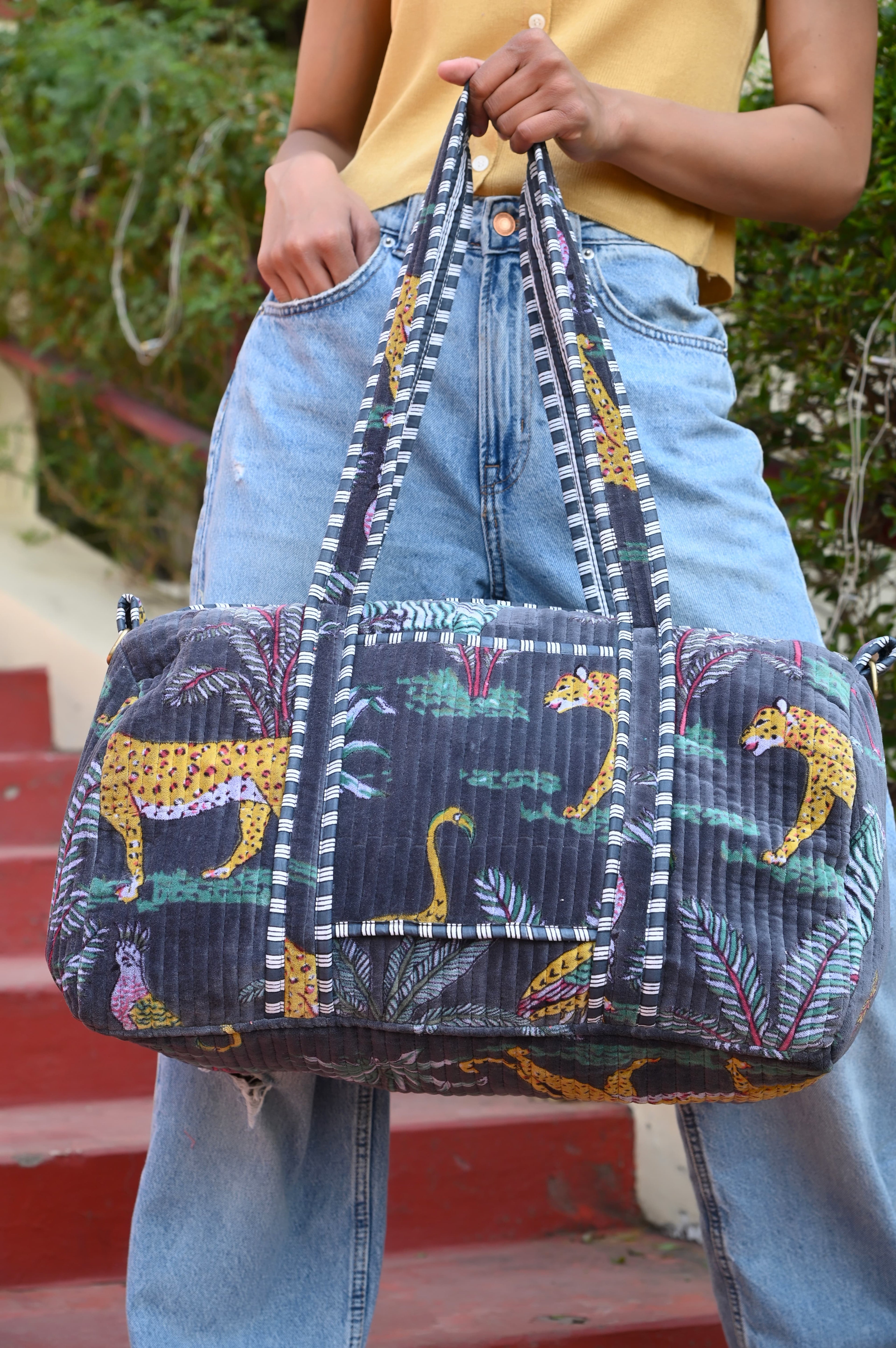 The Jungle Velvet Weekender — handmade quilted velvet weekender bag, ethically made in Rajasthan, India