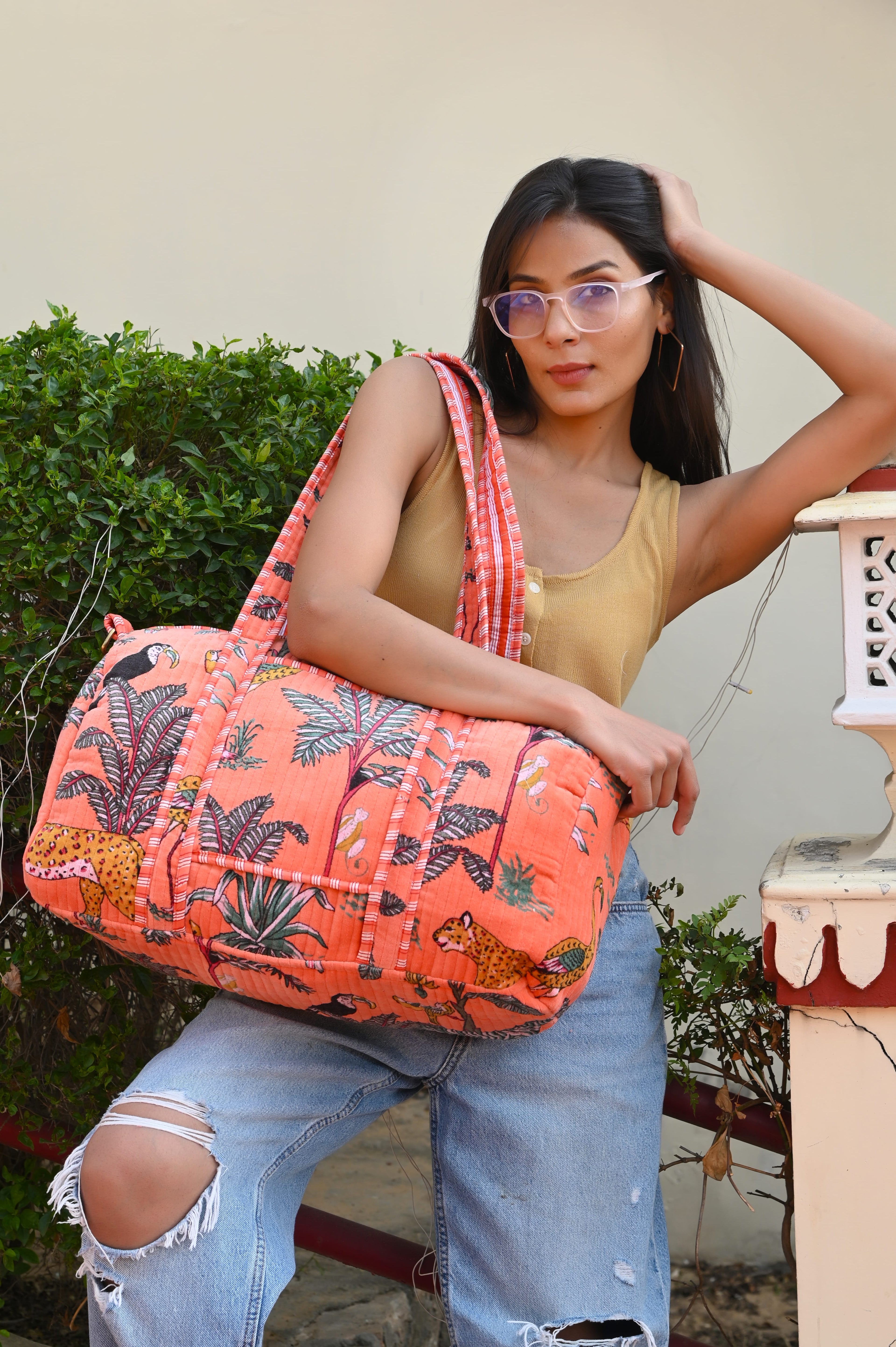 The Jungle Velvet Weekender — handmade quilted velvet weekender bag, ethically made in Rajasthan, India