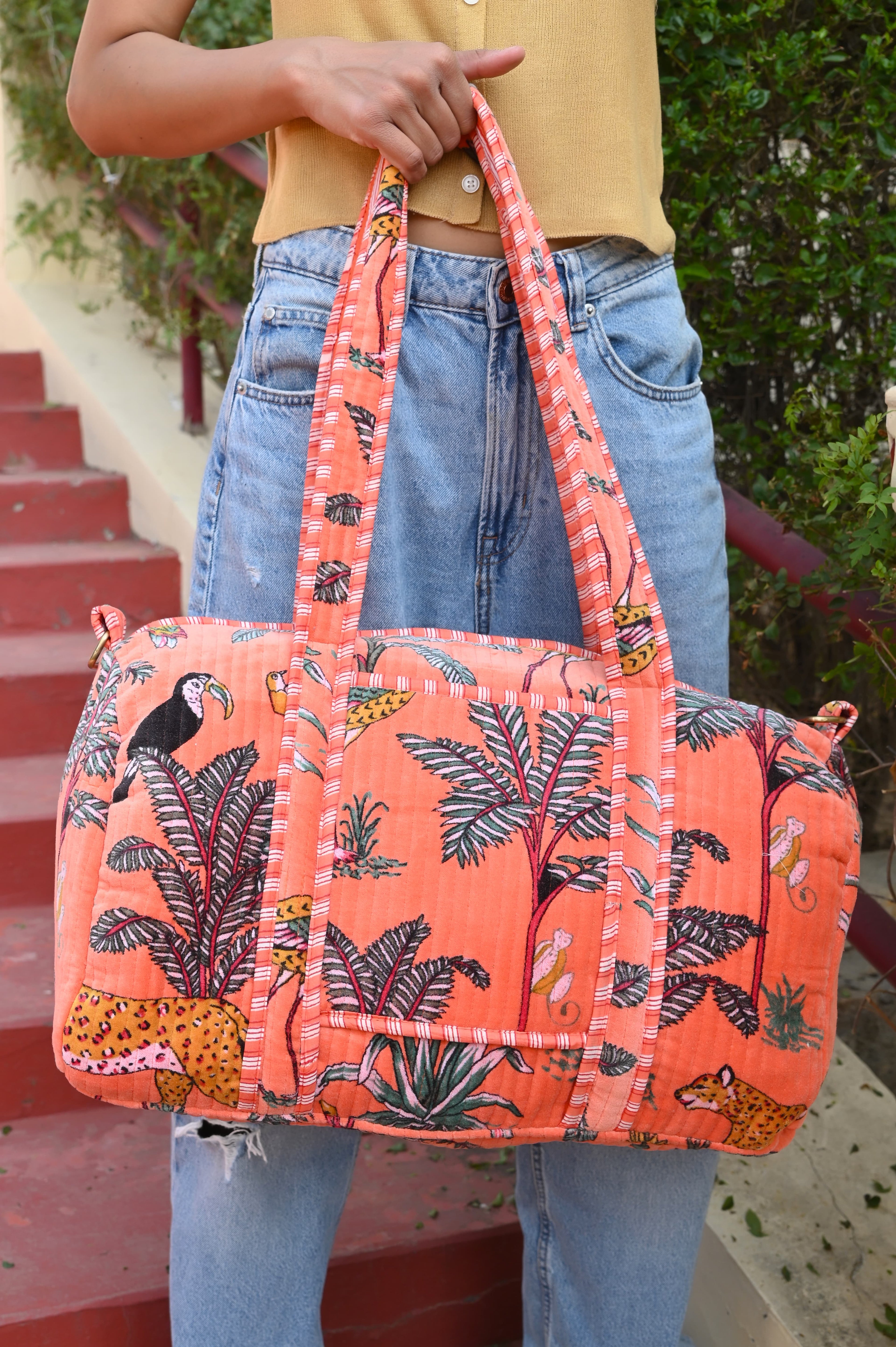 The Jungle Velvet Weekender — handmade quilted velvet weekender bag, ethically made in Rajasthan, India