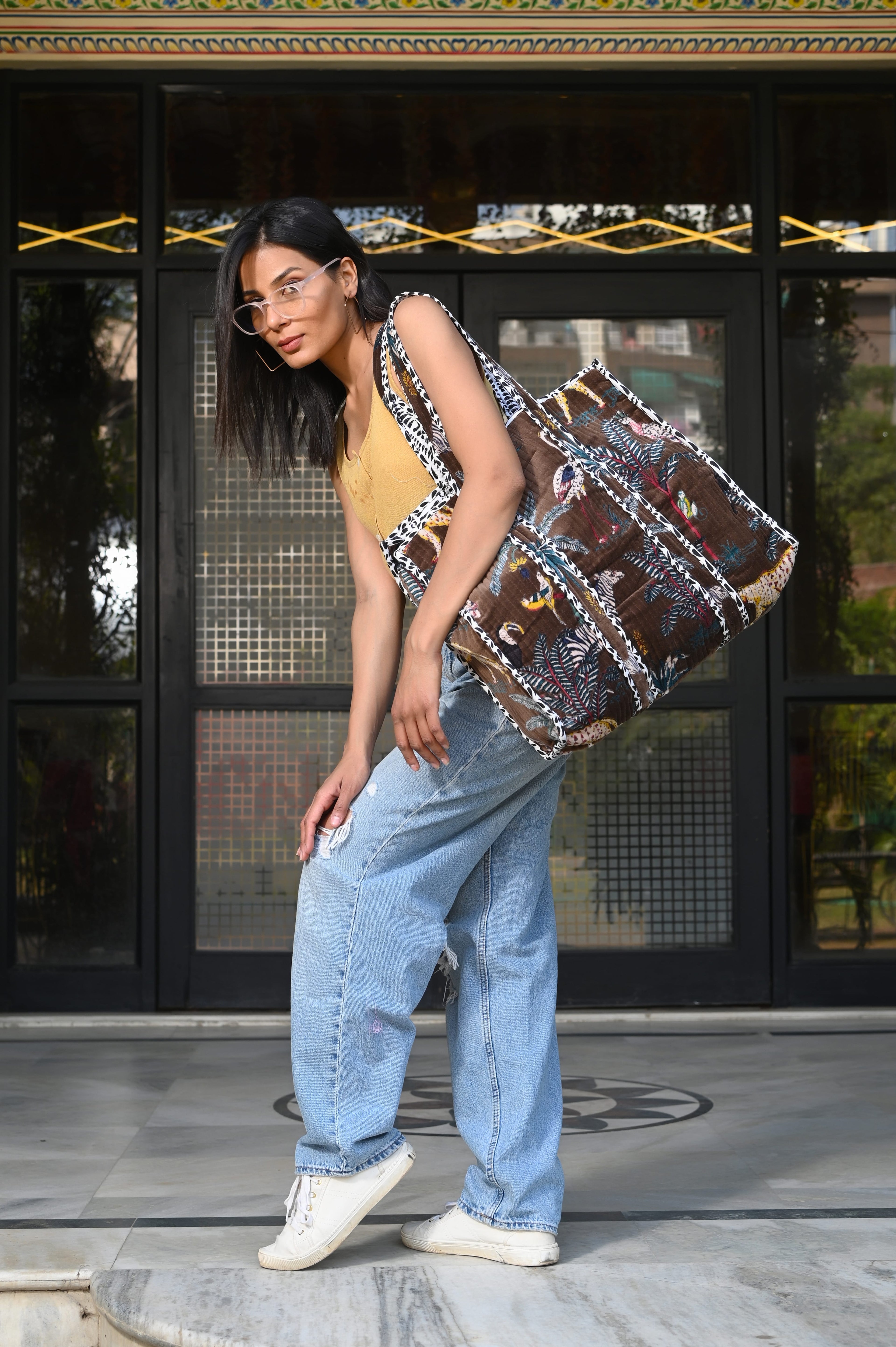 The Jungle Tote in Velvet — handmade quilted velvet tote bag, ethically made in Rajasthan, India
