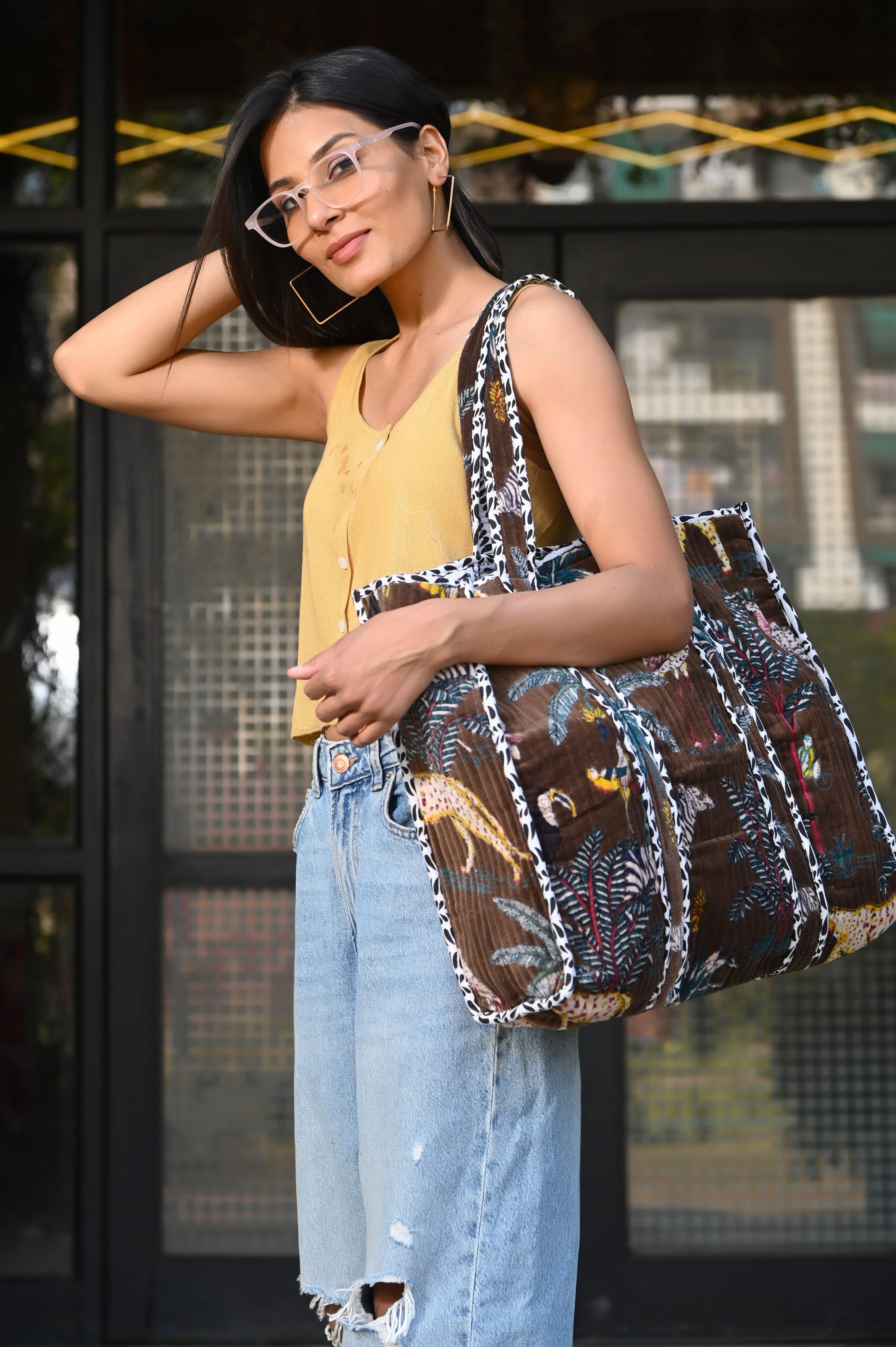 The Jungle Tote in Velvet — handmade quilted velvet tote bag, ethically made in Rajasthan, India