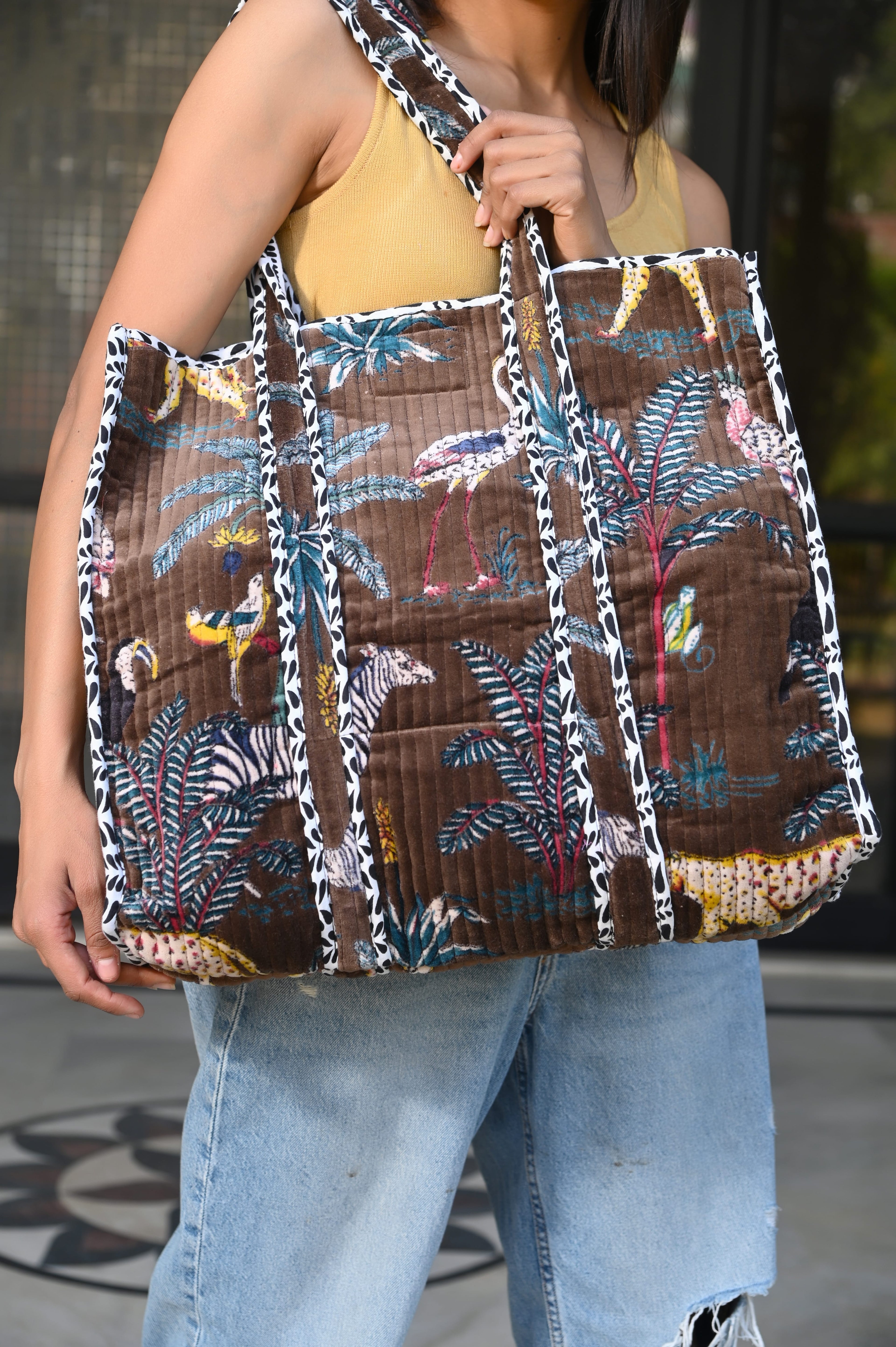 The Jungle Tote in Velvet — handmade quilted velvet tote bag, ethically made in Rajasthan, India