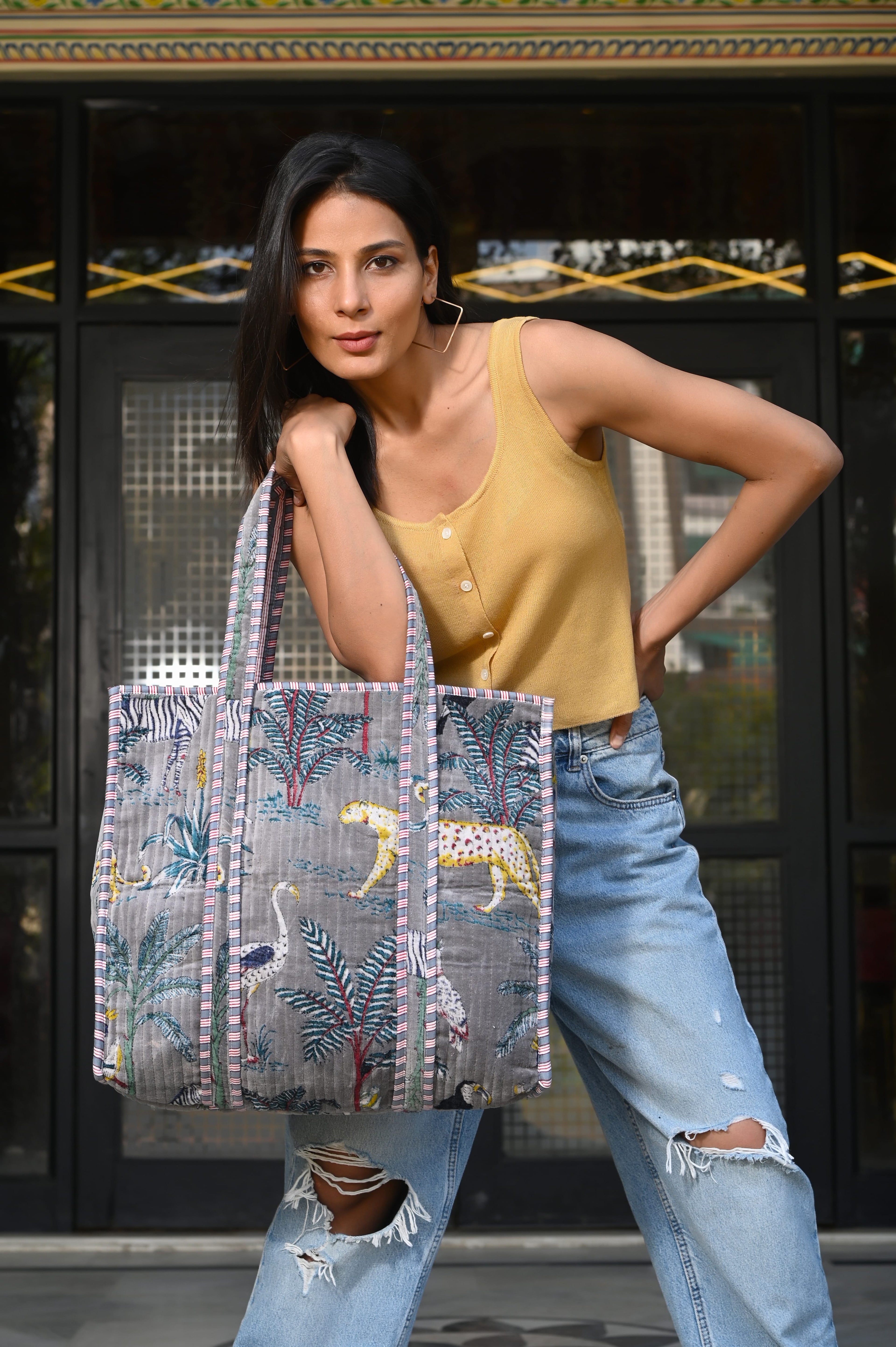 The Jungle Tote in Velvet — handmade quilted velvet tote bag, ethically made in Rajasthan, India