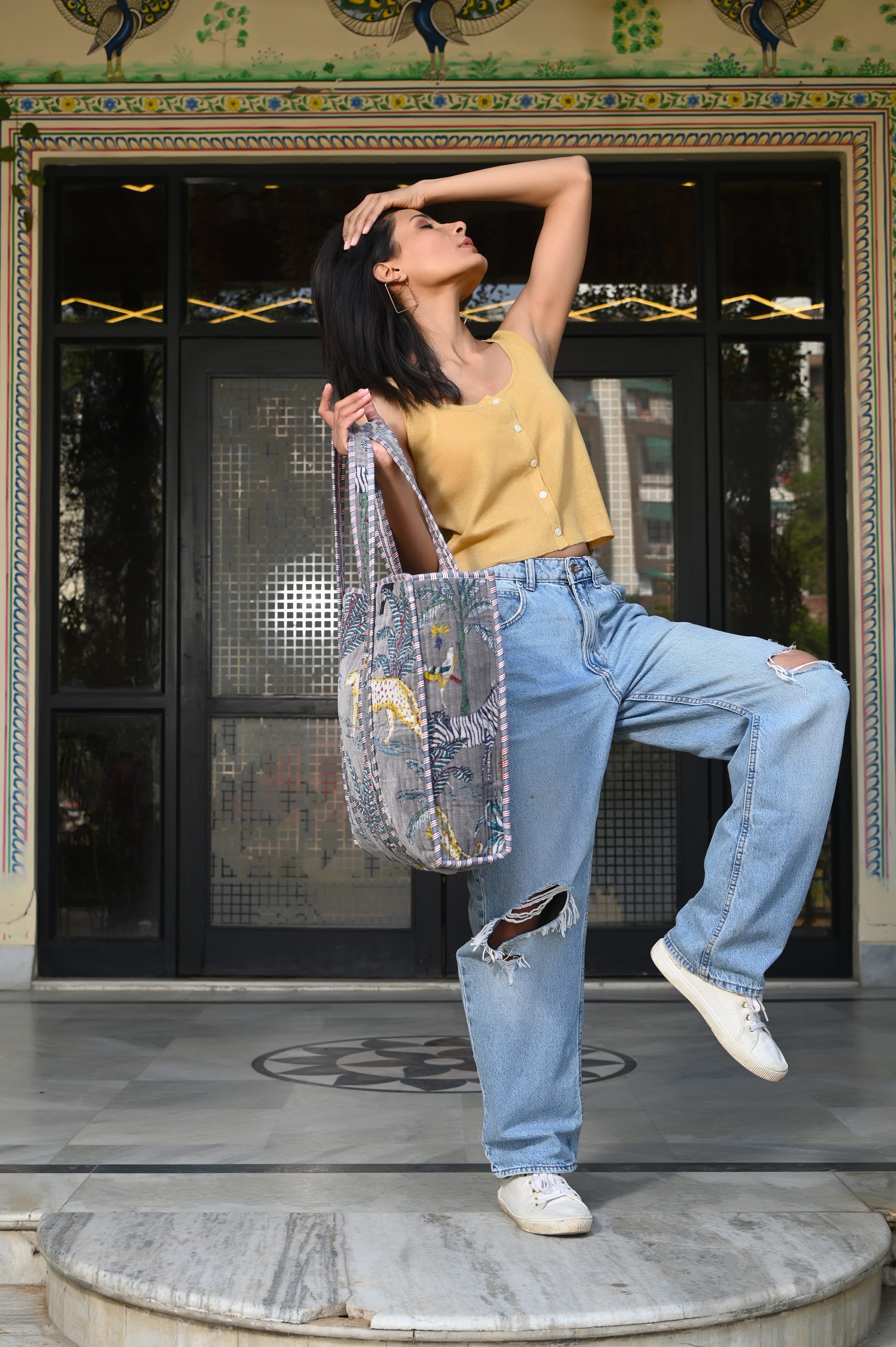The Jungle Tote in Velvet — handmade quilted velvet tote bag, ethically made in Rajasthan, India