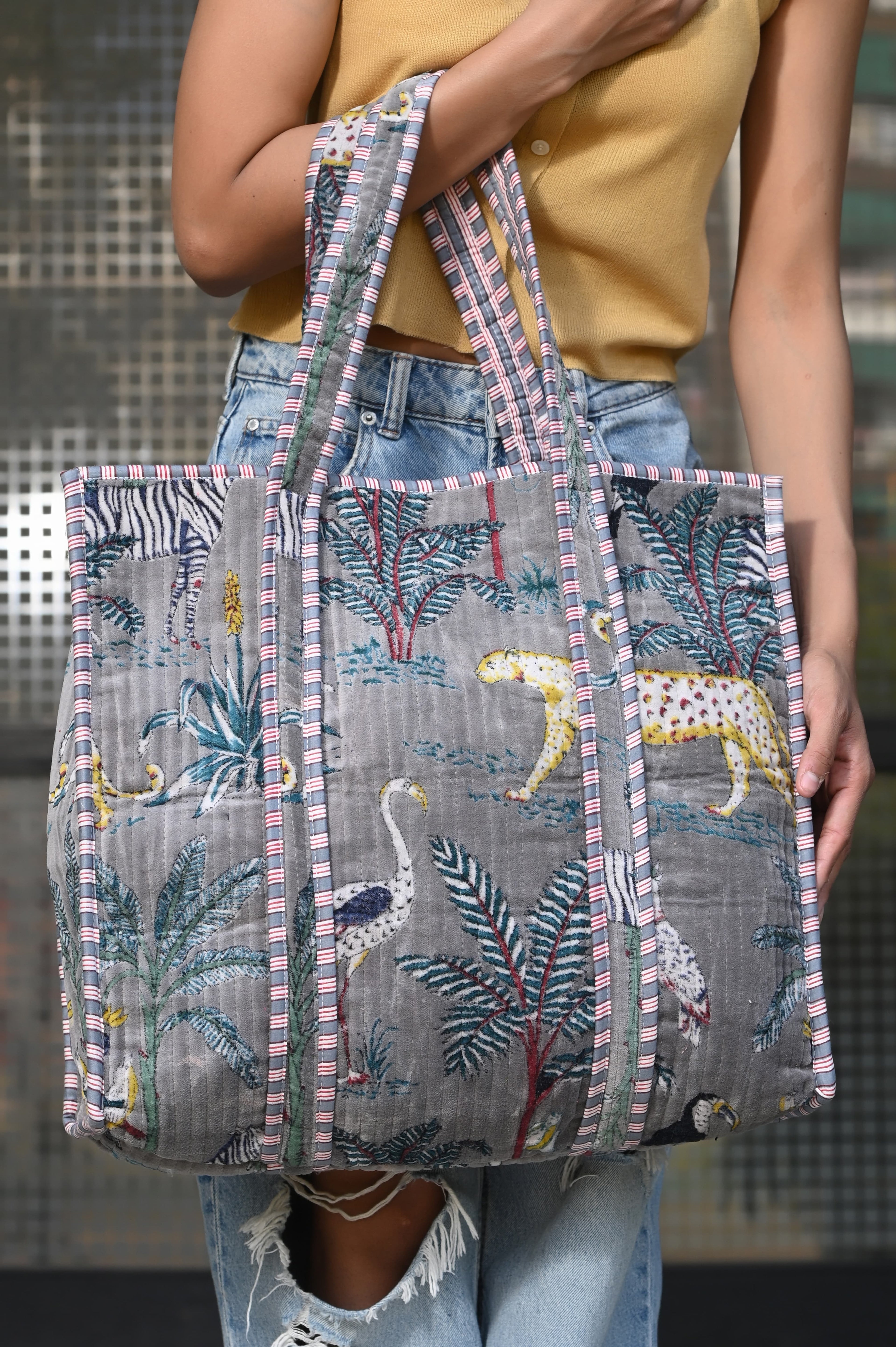 The Jungle Tote in Velvet — handmade quilted velvet tote bag, ethically made in Rajasthan, India