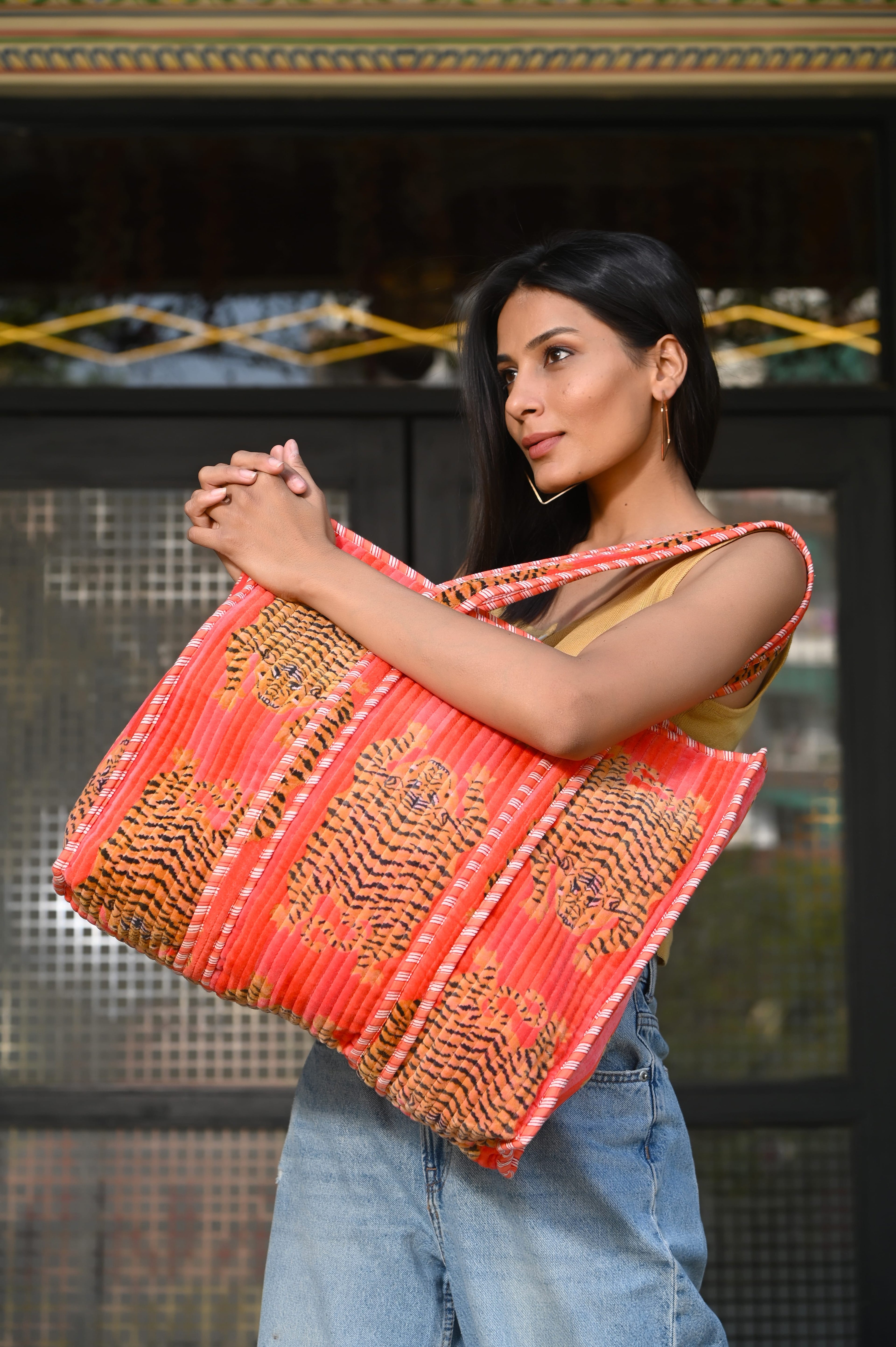 The Tibetan Tiger Tote in Velvet — handmade quilted velvet tote bag, ethically made in Rajasthan, India