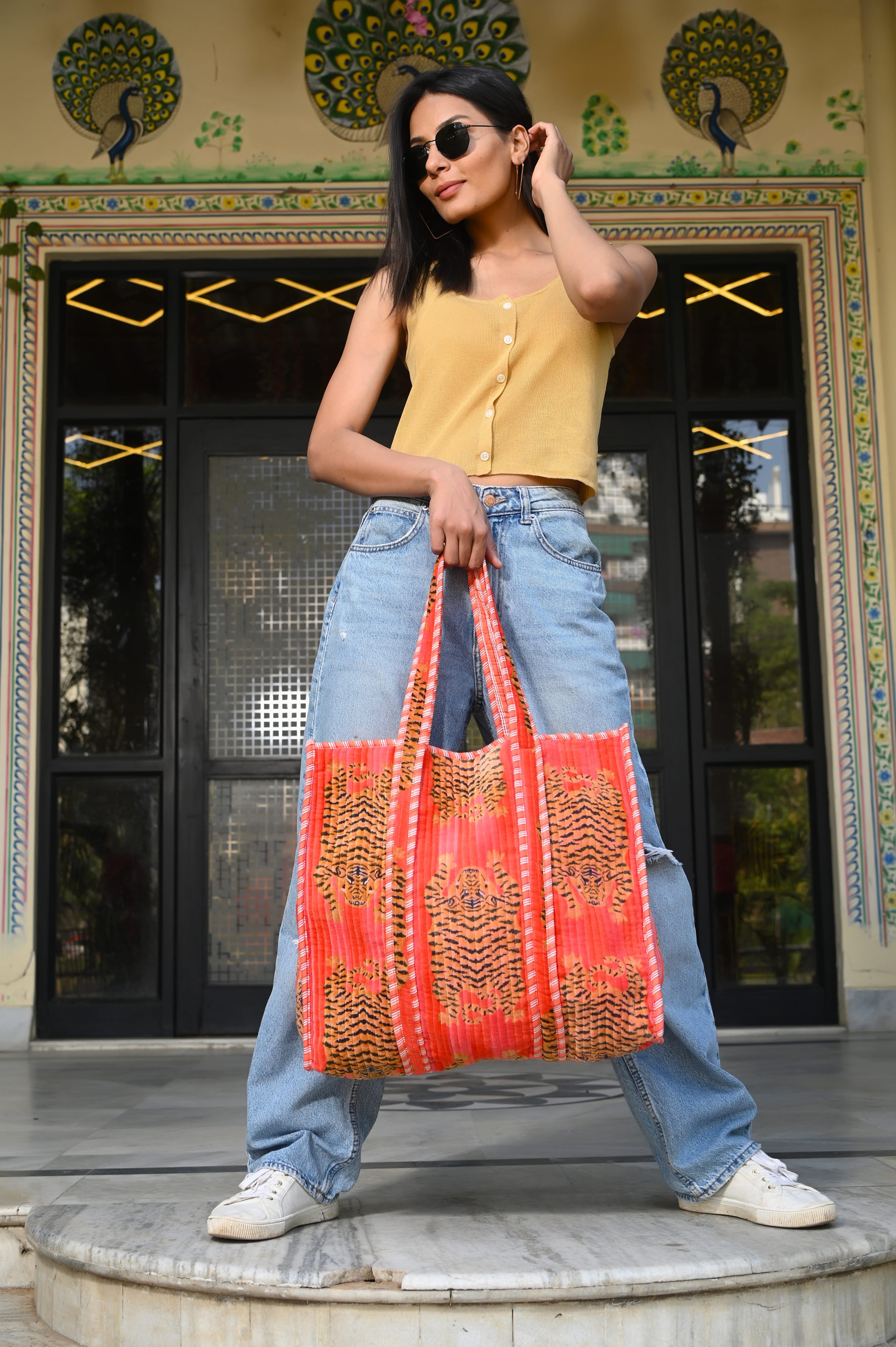 The Tibetan Tiger Tote in Velvet — handmade quilted velvet tote bag, ethically made in Rajasthan, India