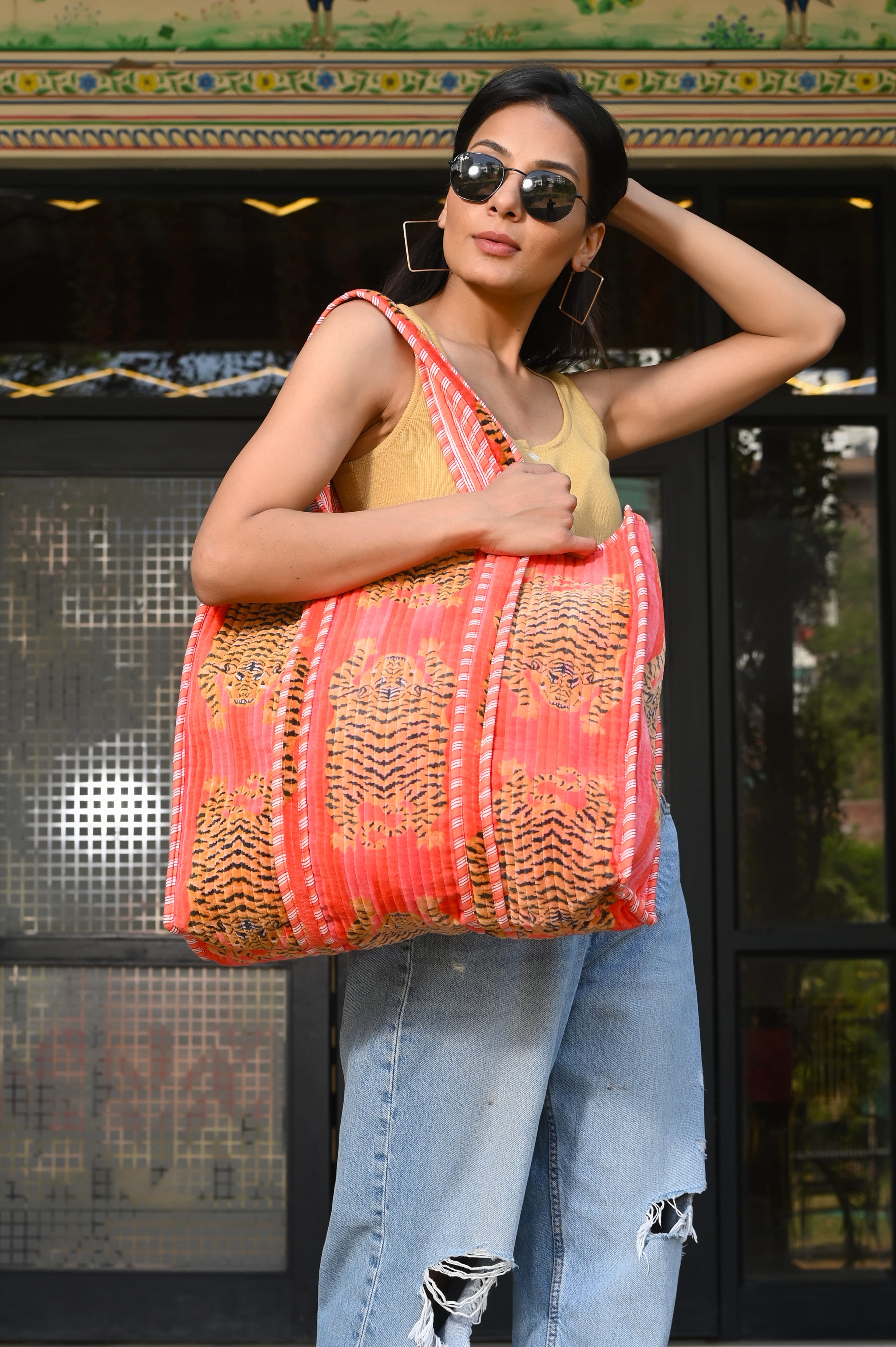 The Tibetan Tiger Tote in Velvet — handmade quilted velvet tote bag, ethically made in Rajasthan, India