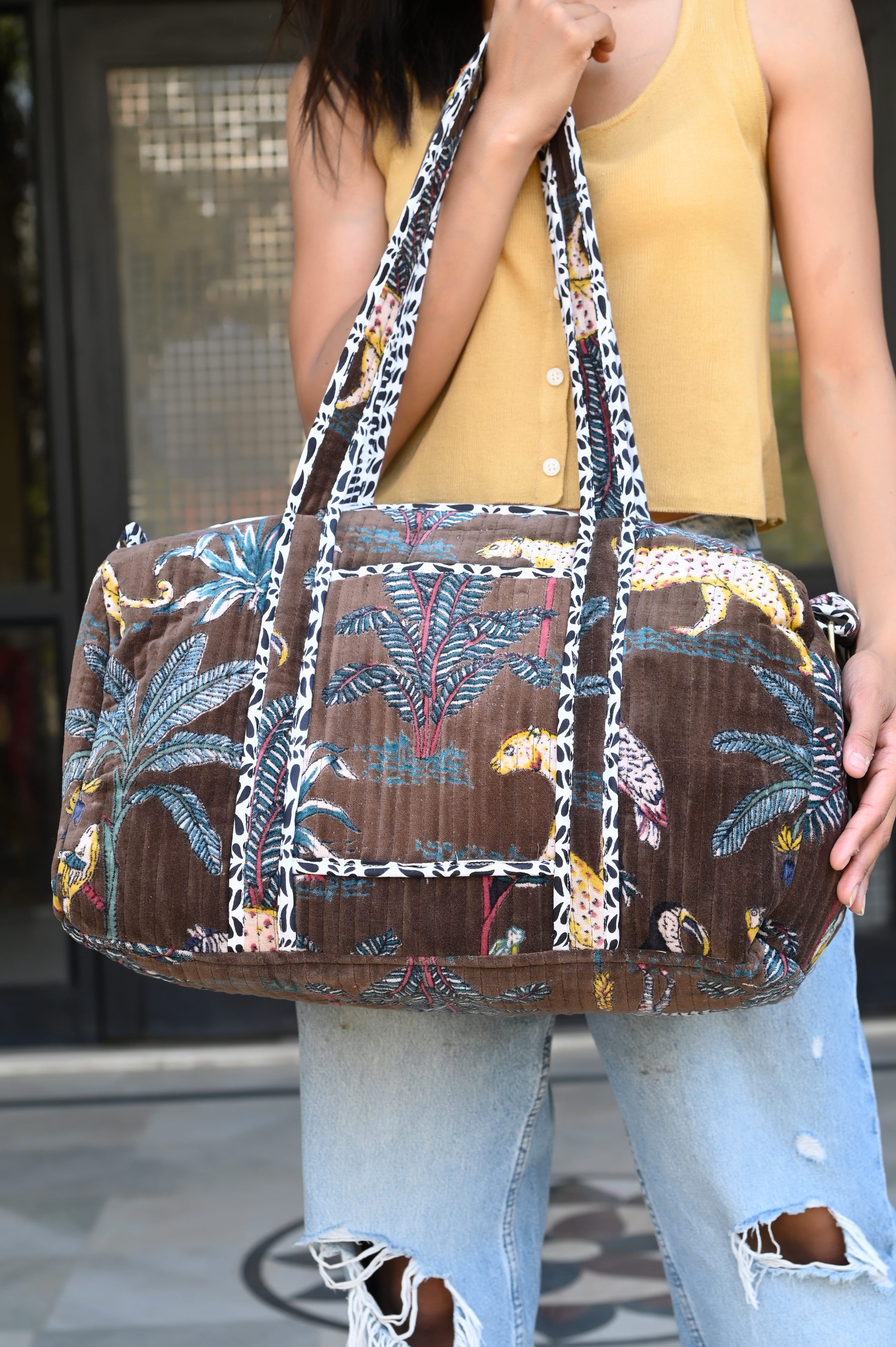 The Jungle Velvet Weekender — handmade quilted velvet weekender bag, ethically made in Rajasthan, India