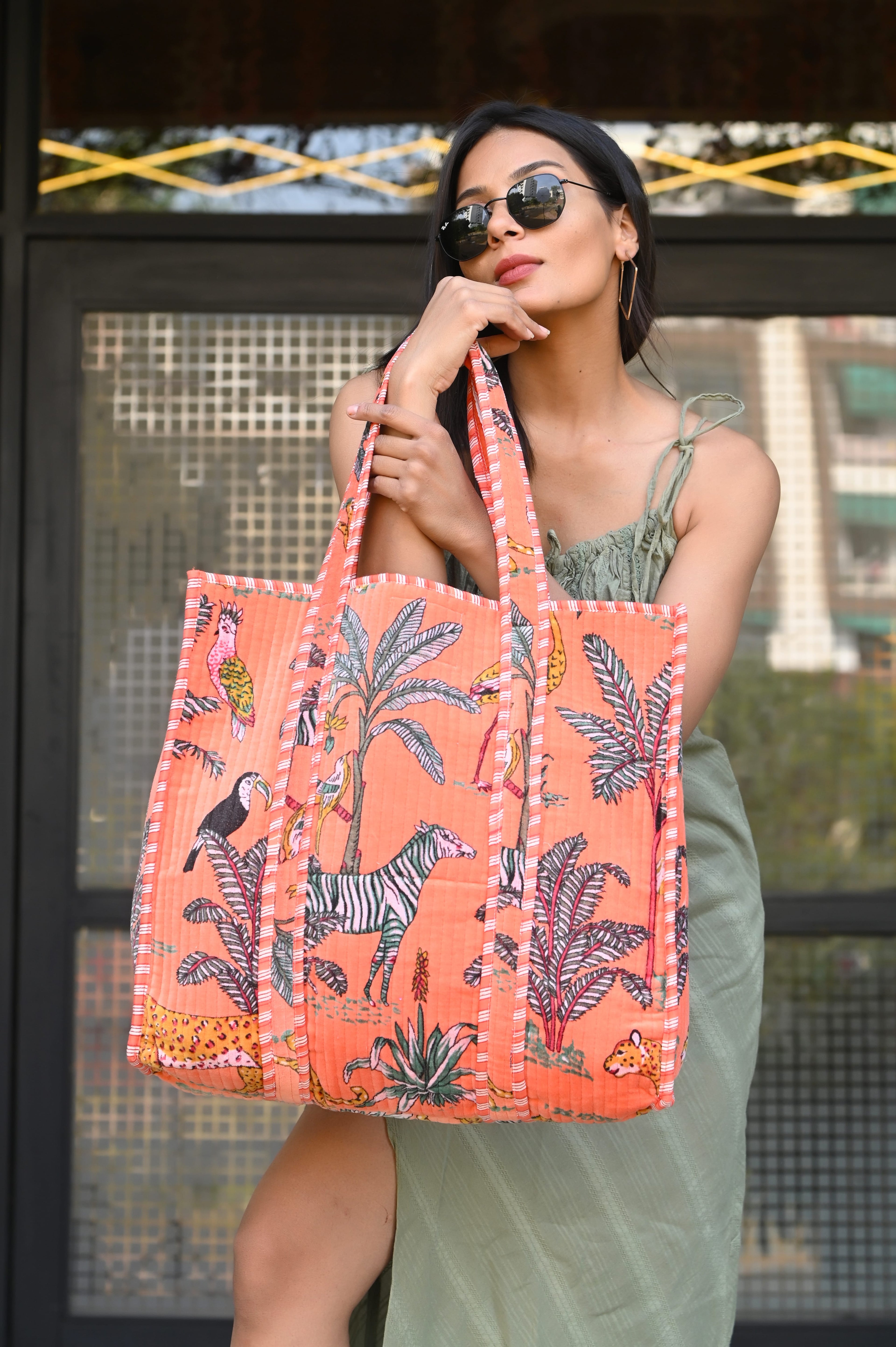 The Jungle Tote in Velvet — handmade quilted velvet tote bag, ethically made in Rajasthan, India