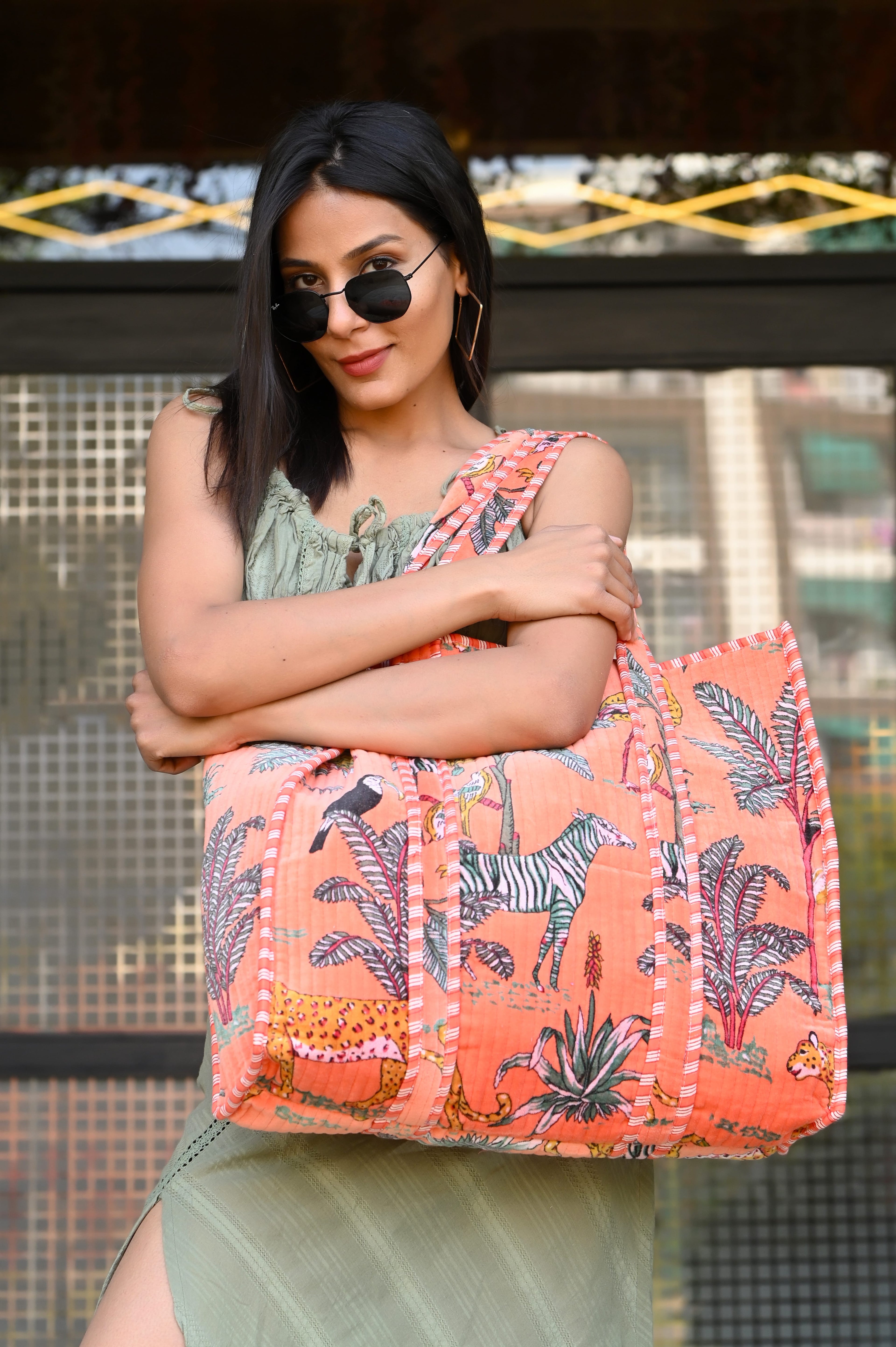 The Jungle Tote in Velvet — handmade quilted velvet tote bag, ethically made in Rajasthan, India