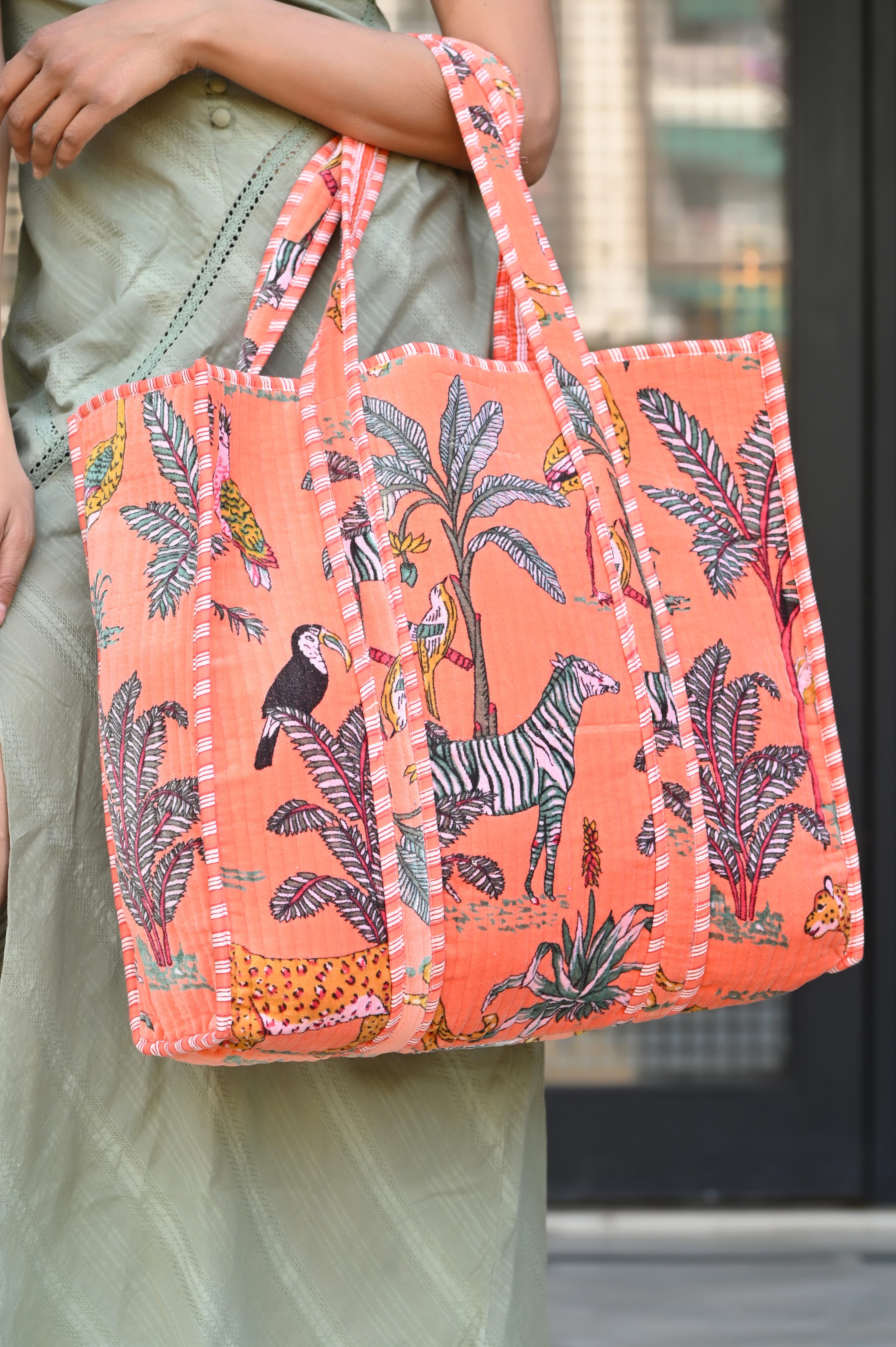 The Jungle Tote in Velvet — handmade quilted velvet tote bag, ethically made in Rajasthan, India