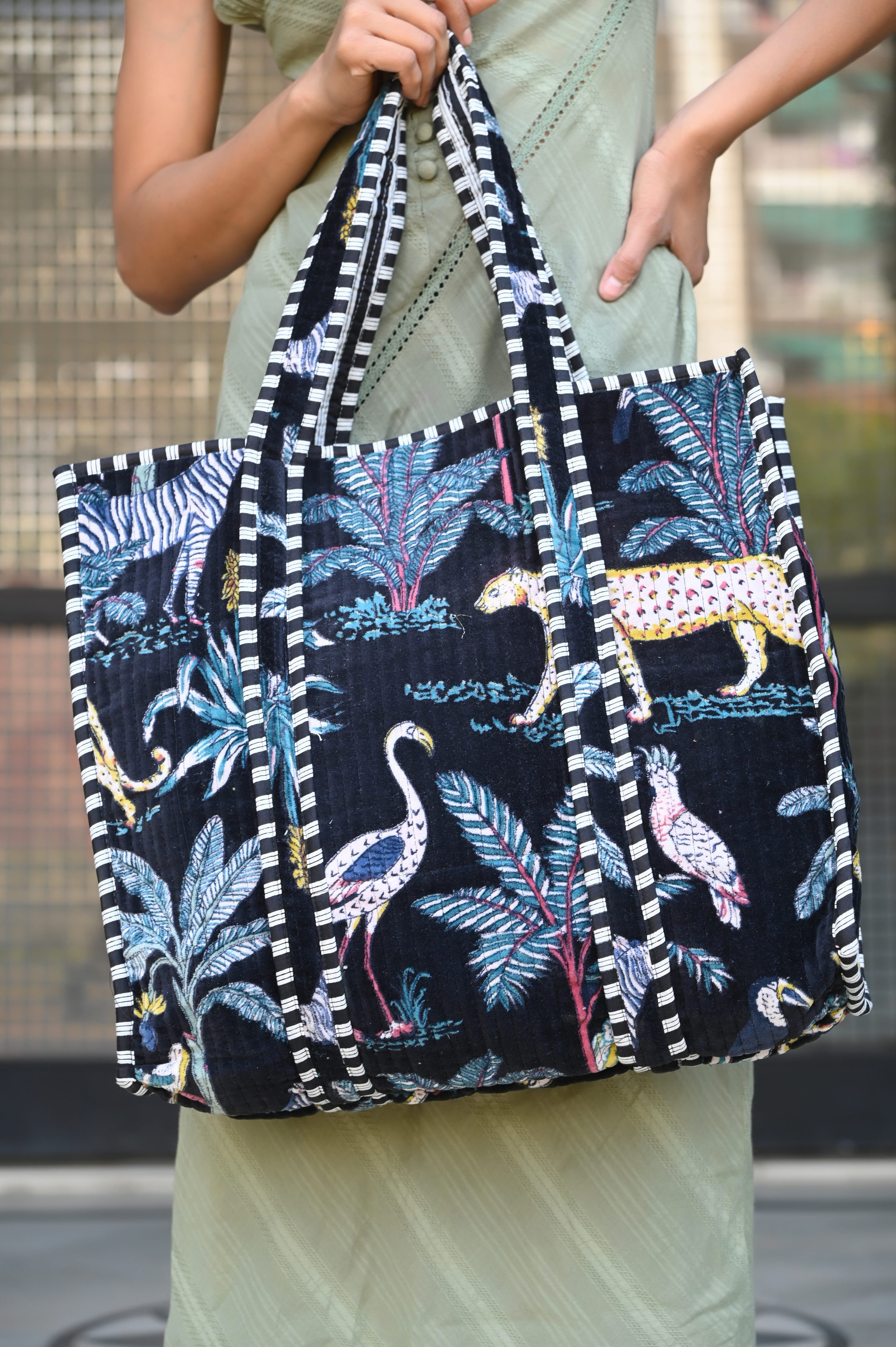 The Jungle Tote in Velvet — handmade quilted velvet tote bag, ethically made in Rajasthan, India