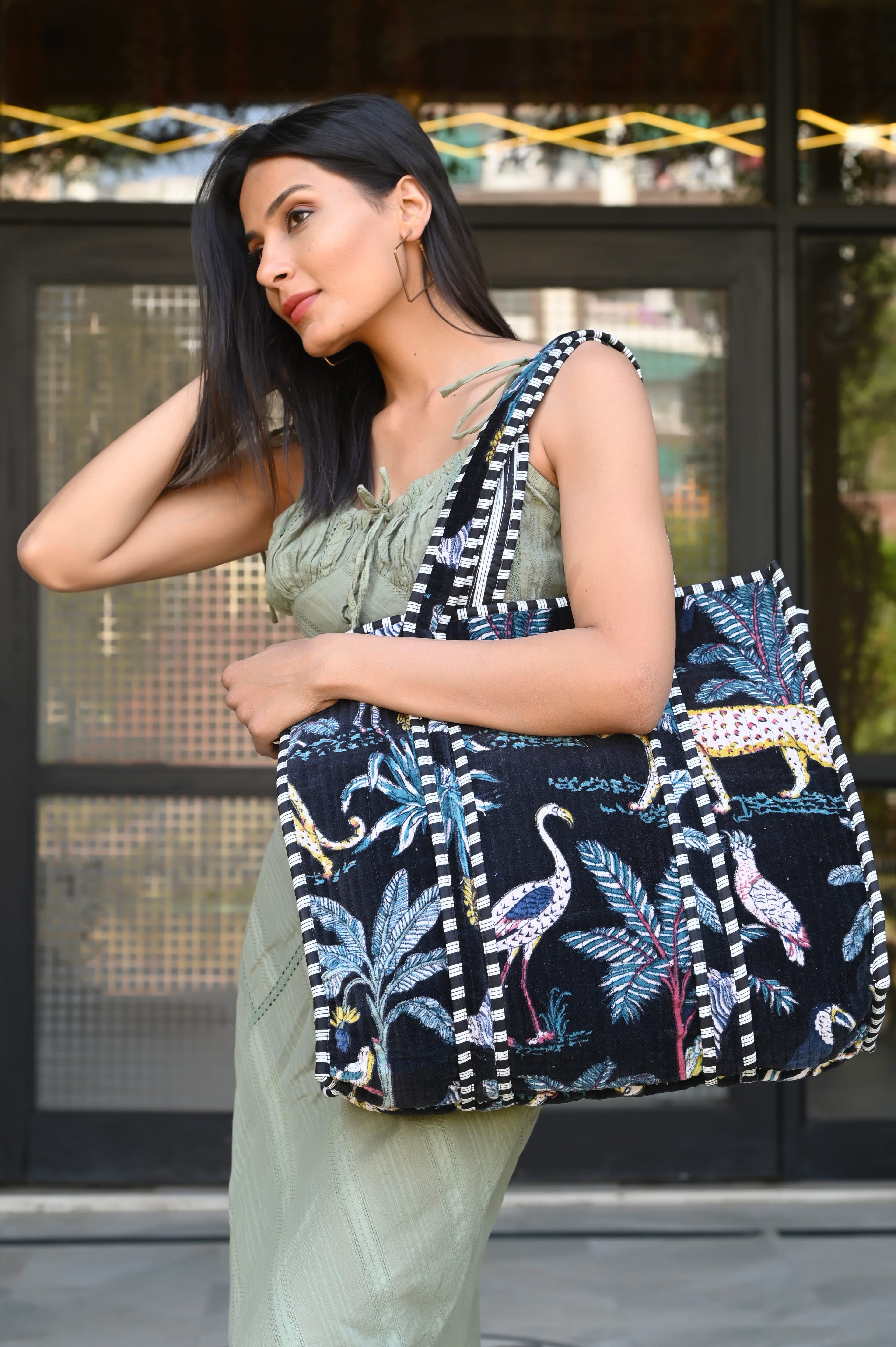 The Jungle Tote in Velvet — handmade quilted velvet tote bag, ethically made in Rajasthan, India