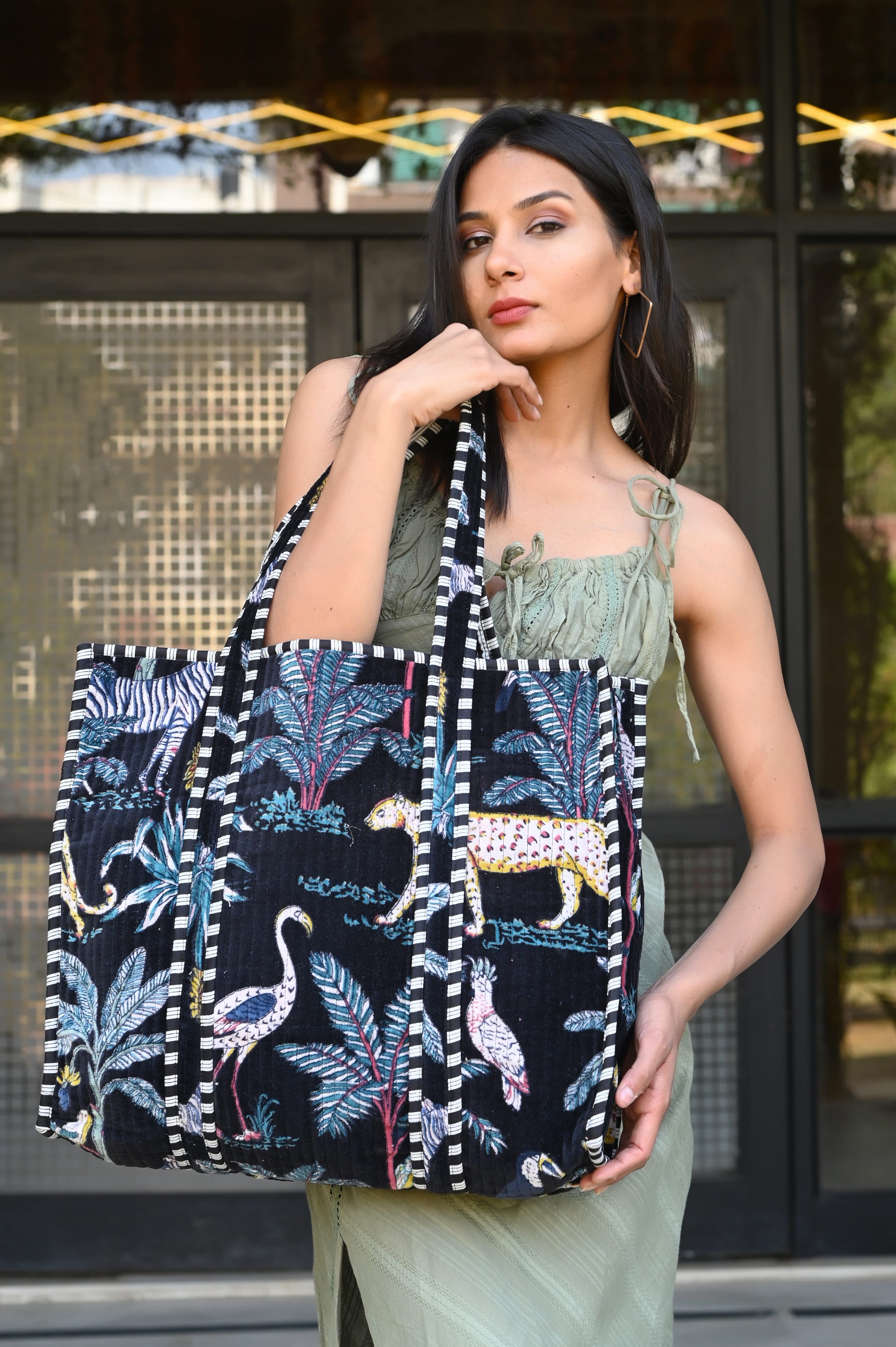 The Jungle Tote in Velvet — handmade quilted velvet tote bag, ethically made in Rajasthan, India