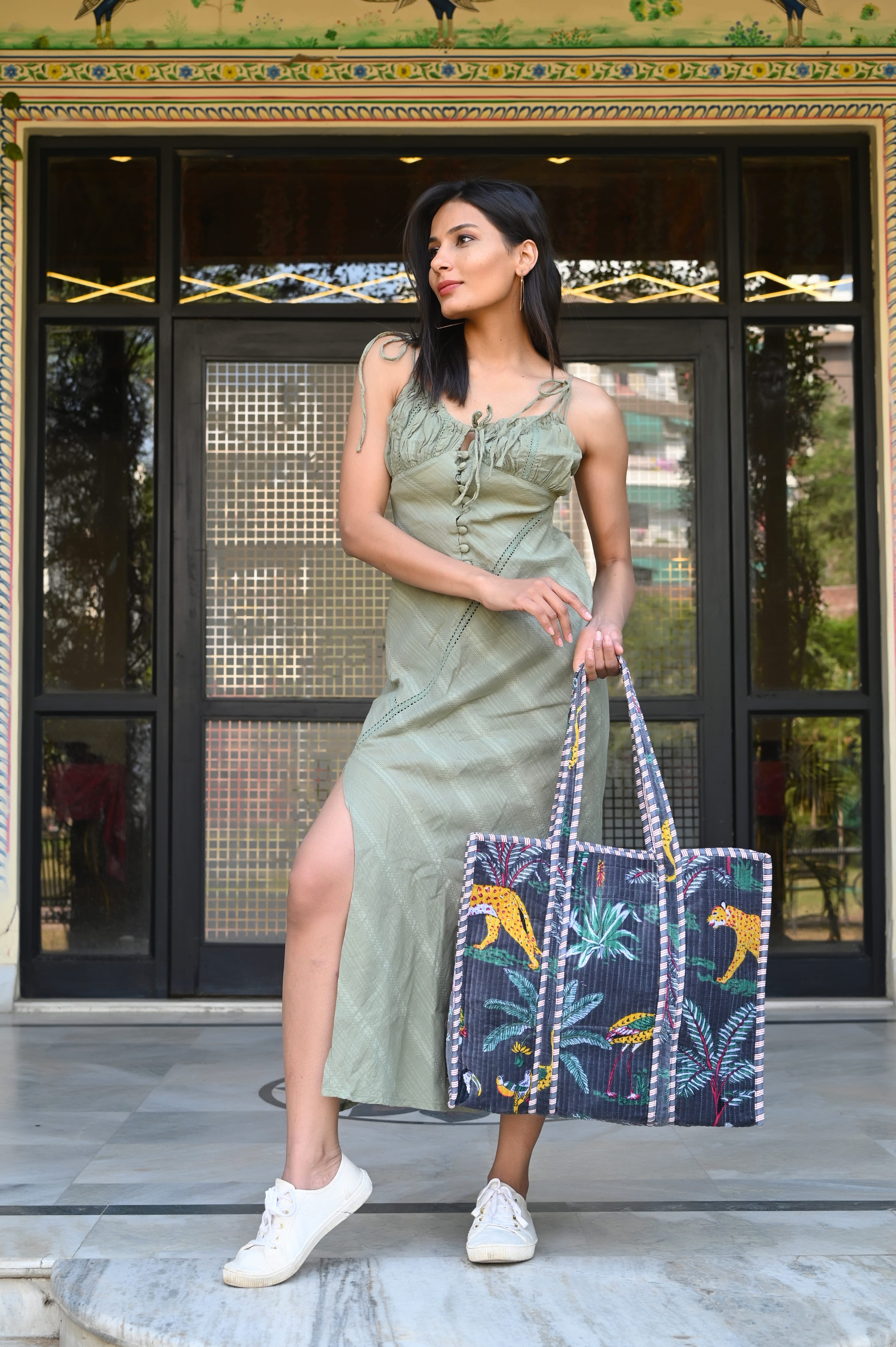 The Jungle Tote in Velvet — handmade quilted velvet tote bag, ethically made in Rajasthan, India