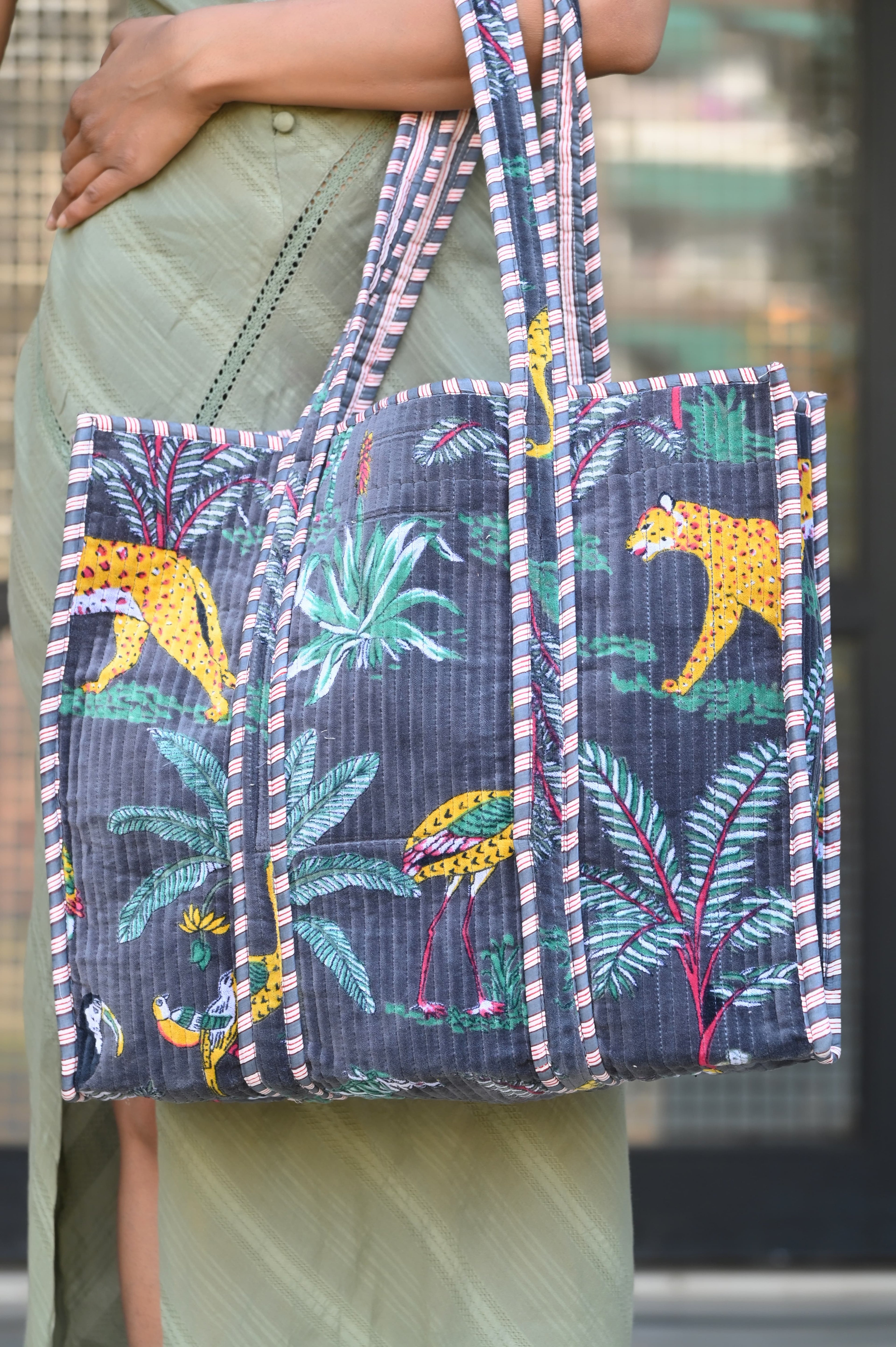 The Jungle Tote in Velvet — handmade quilted velvet tote bag, ethically made in Rajasthan, India
