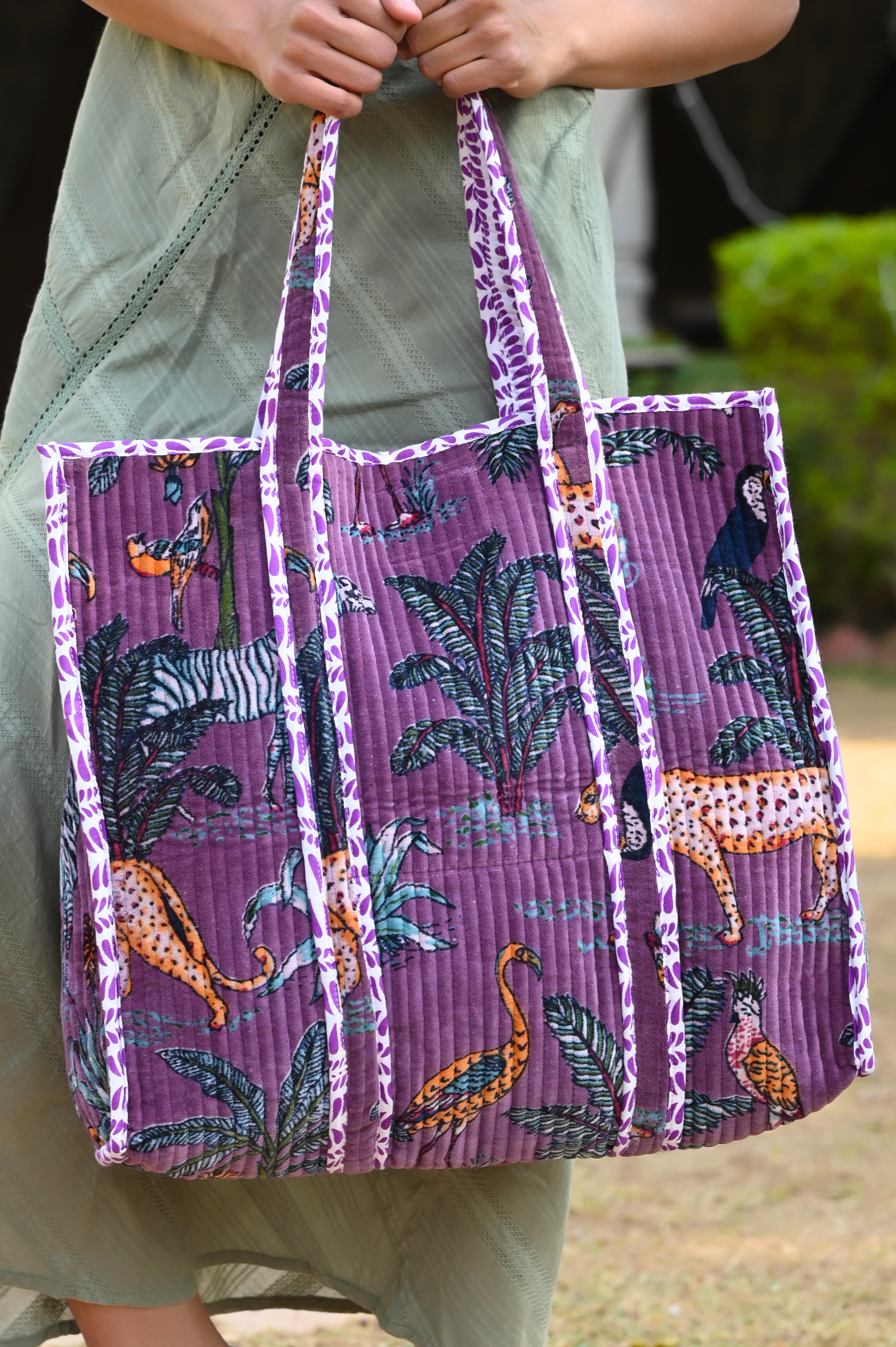 The Jungle Tote in Velvet — handmade quilted velvet tote bag, ethically made in Rajasthan, India