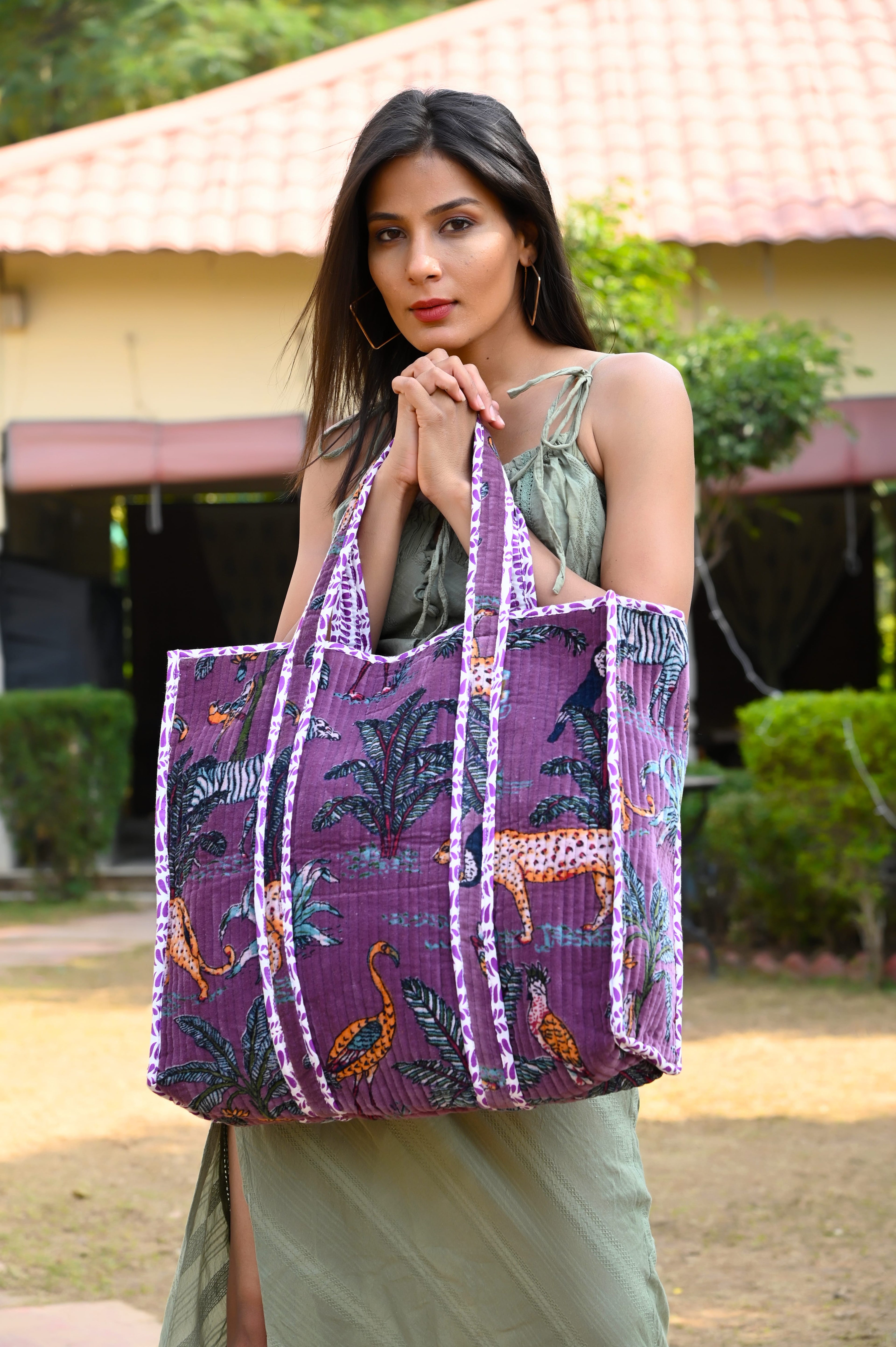The Jungle Tote in Velvet — handmade quilted velvet tote bag, ethically made in Rajasthan, India