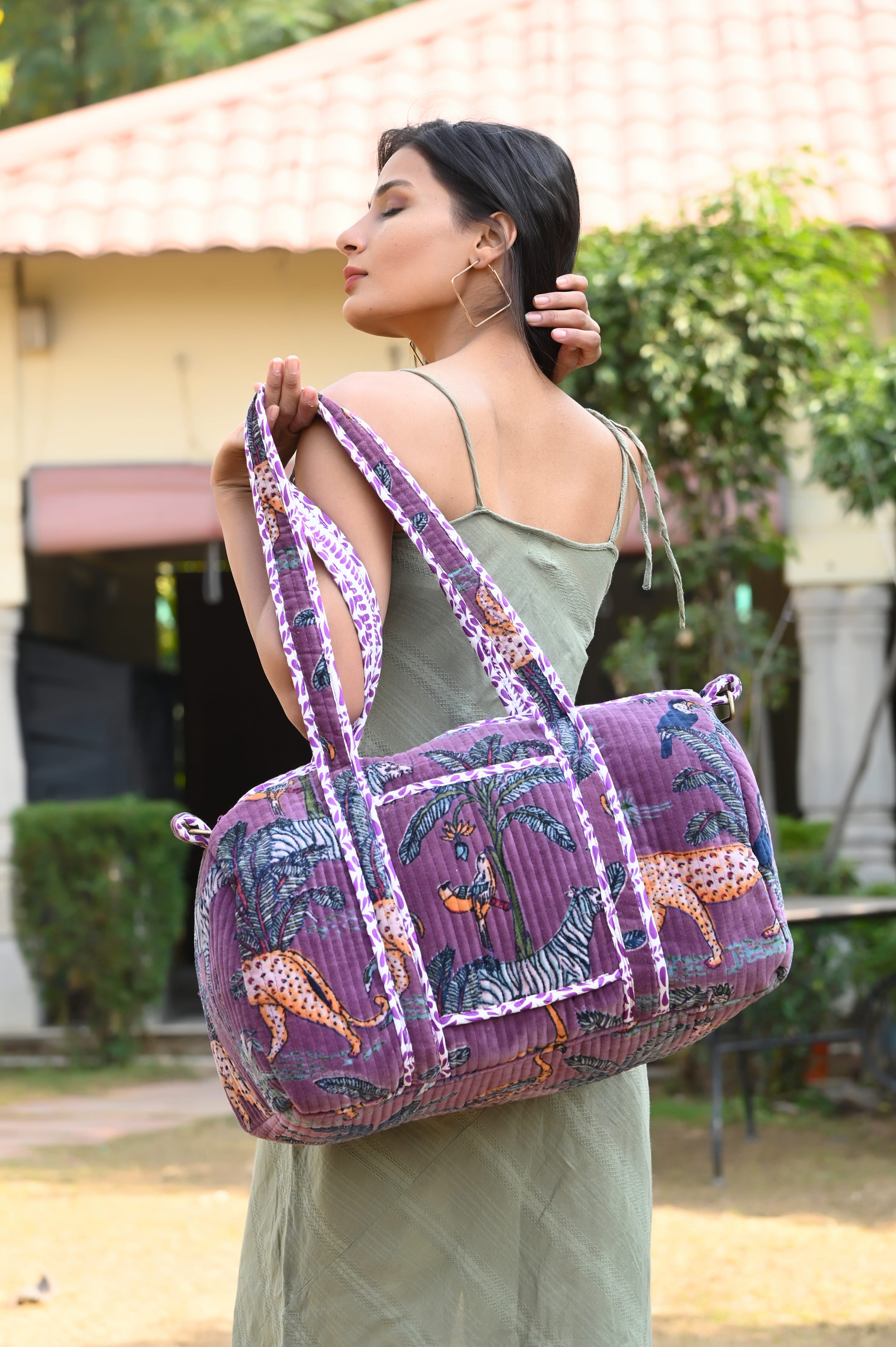 The Jungle Velvet Weekender — handmade quilted velvet weekender bag, ethically made in Rajasthan, India