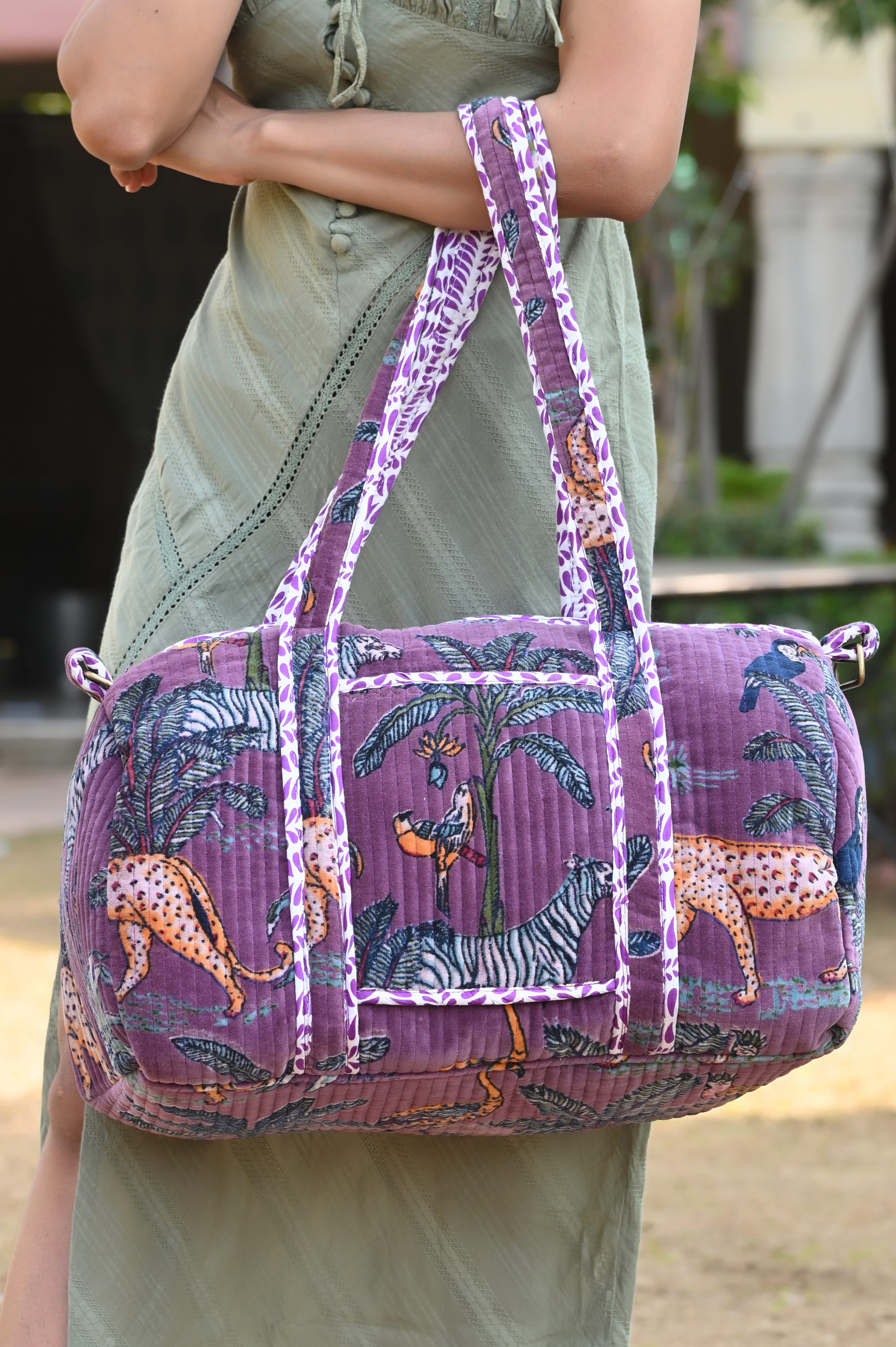 The Jungle Velvet Weekender — handmade quilted velvet weekender bag, ethically made in Rajasthan, India