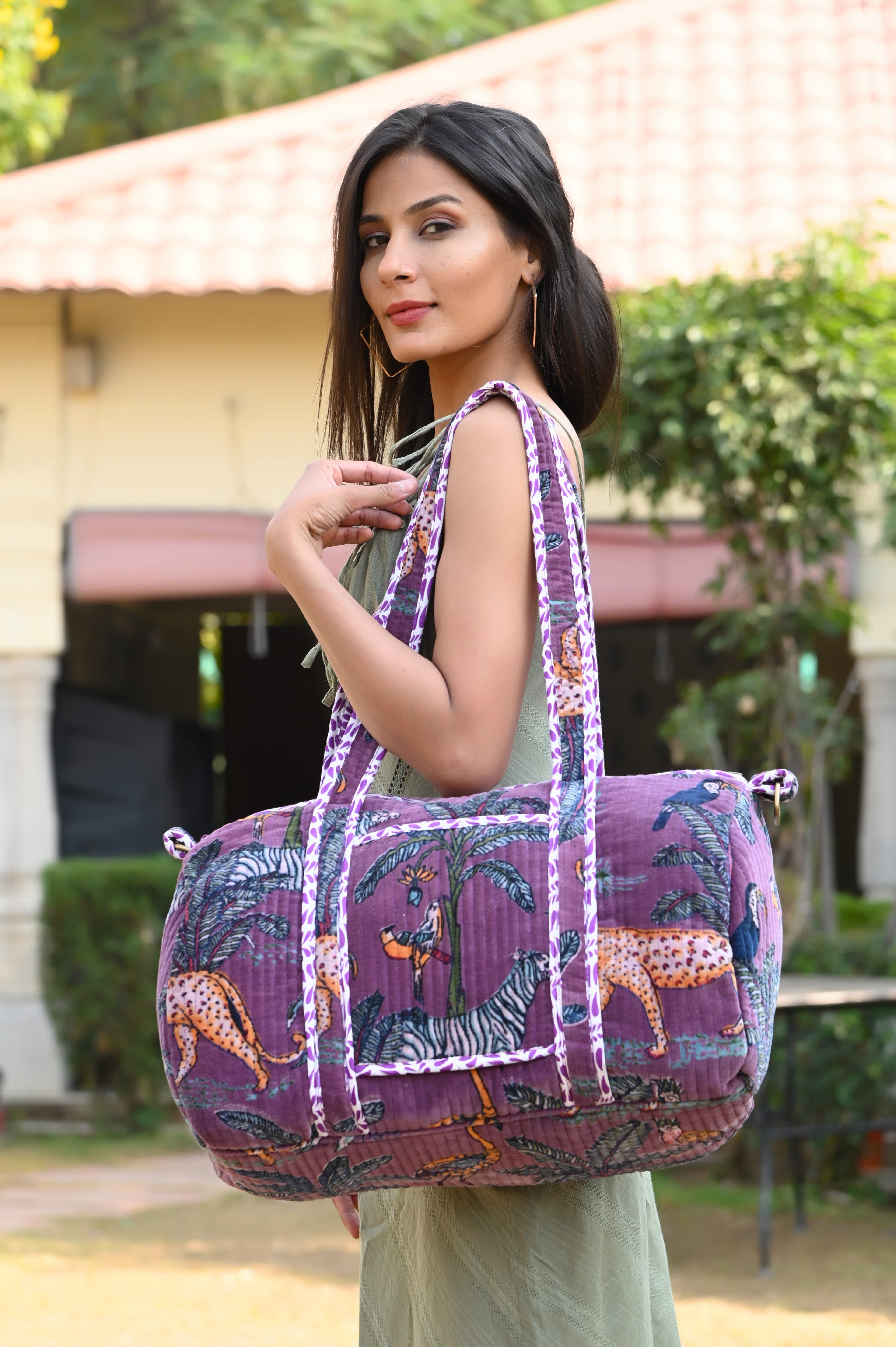 The Jungle Velvet Weekender — handmade quilted velvet weekender bag, ethically made in Rajasthan, India