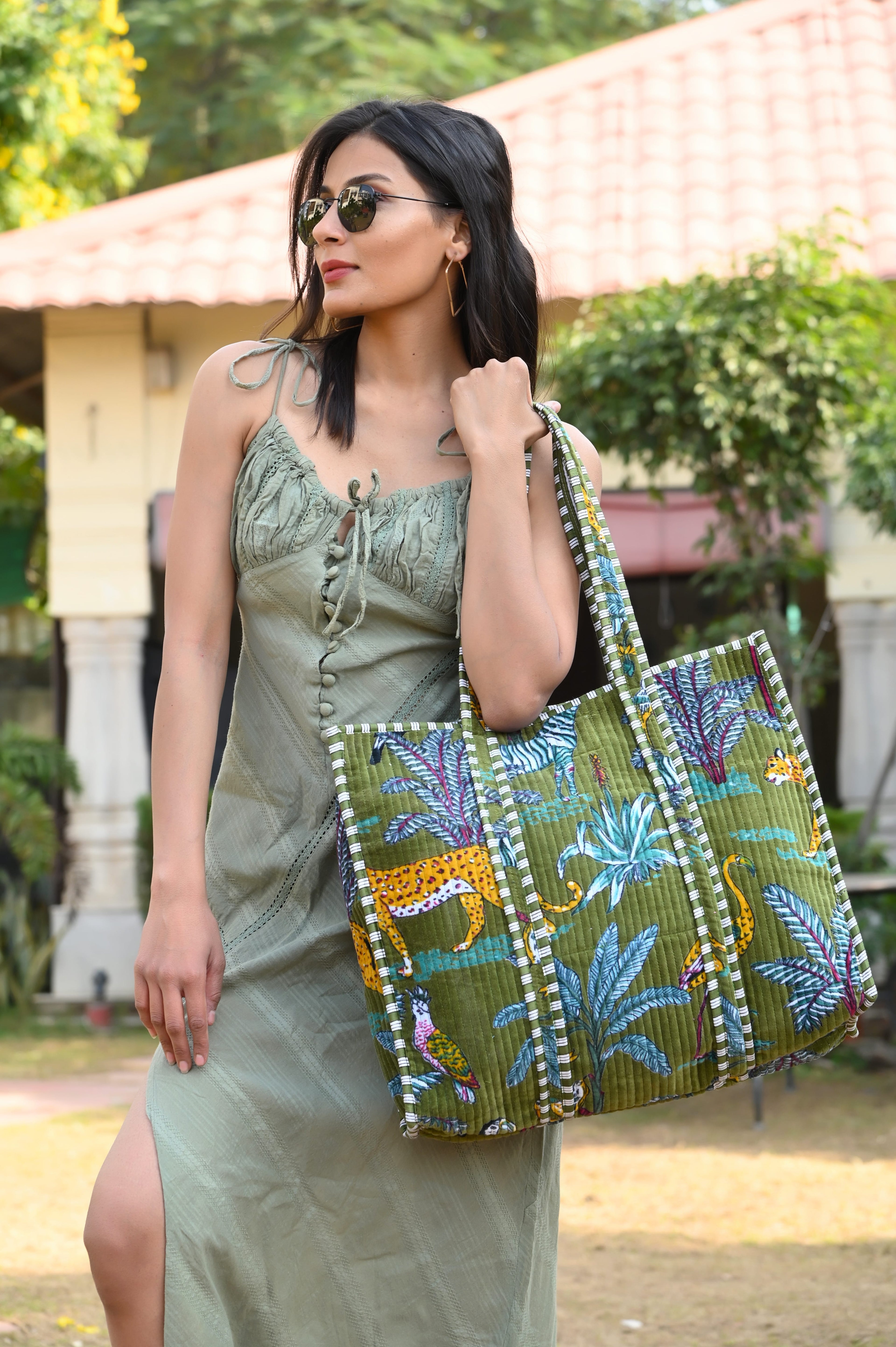 The Jungle Tote in Velvet — handmade quilted velvet tote bag, ethically made in Rajasthan, India