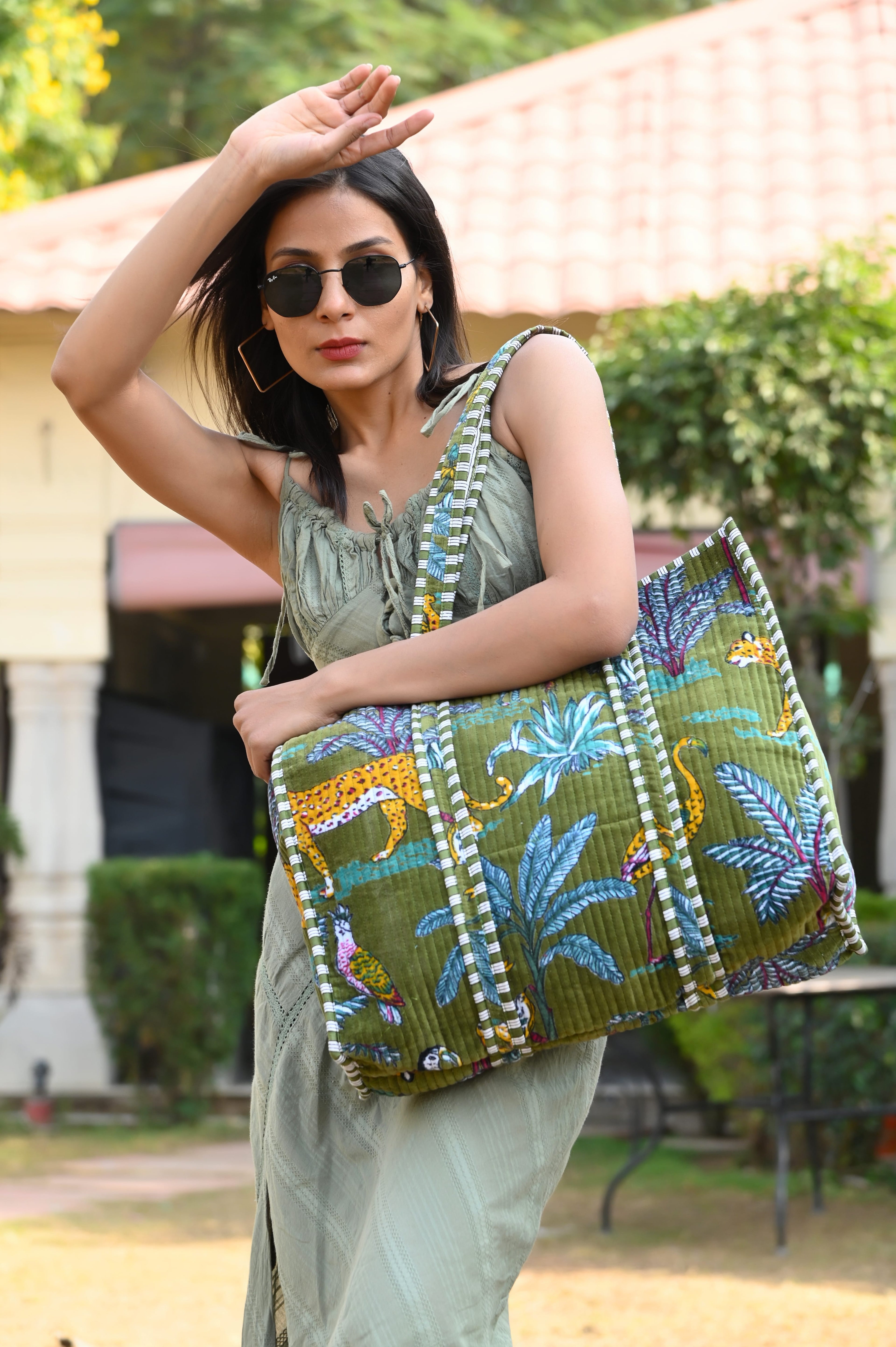 The Jungle Tote in Velvet — handmade quilted velvet tote bag, ethically made in Rajasthan, India