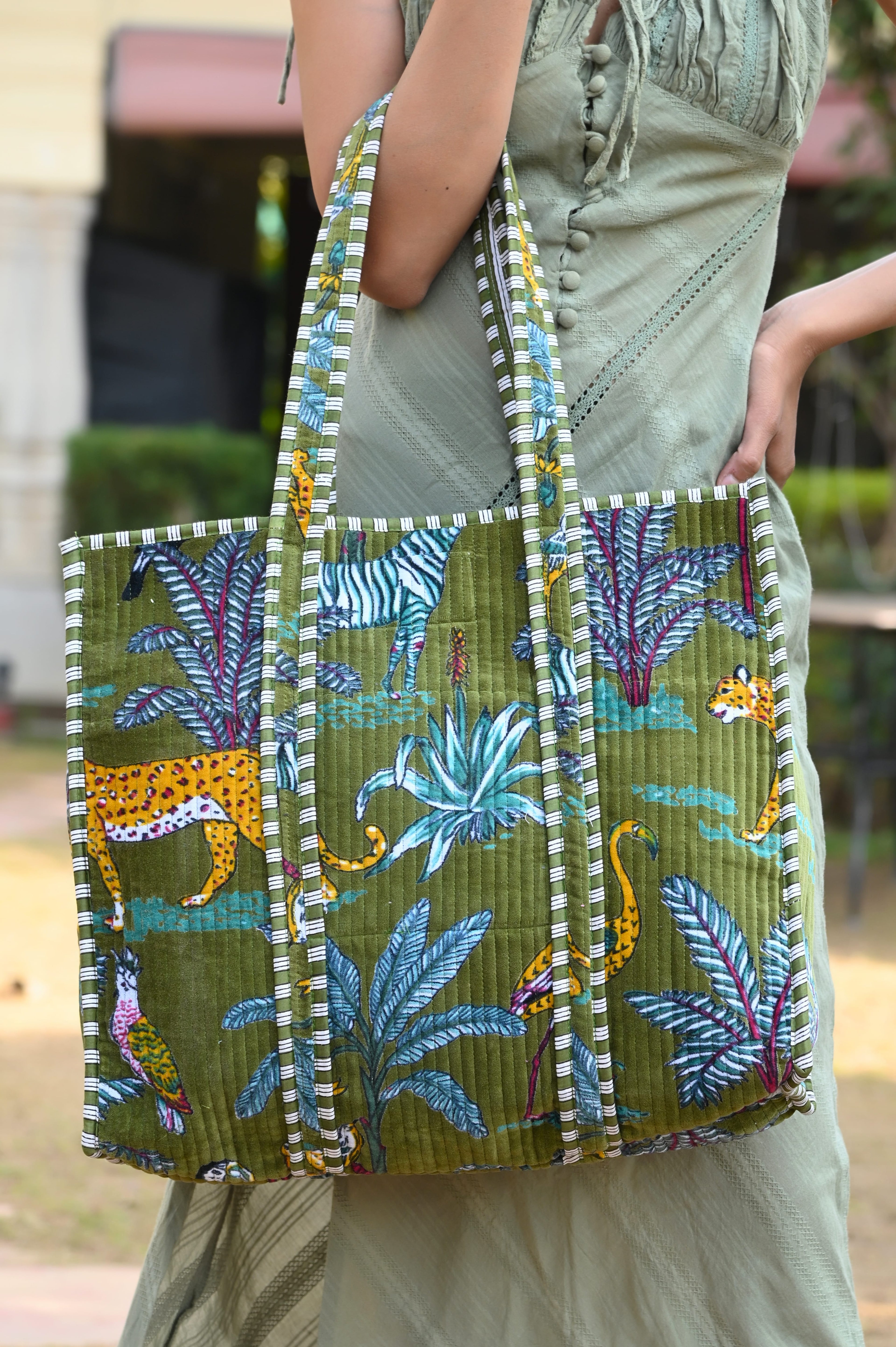 The Jungle Tote in Velvet — handmade quilted velvet tote bag, ethically made in Rajasthan, India