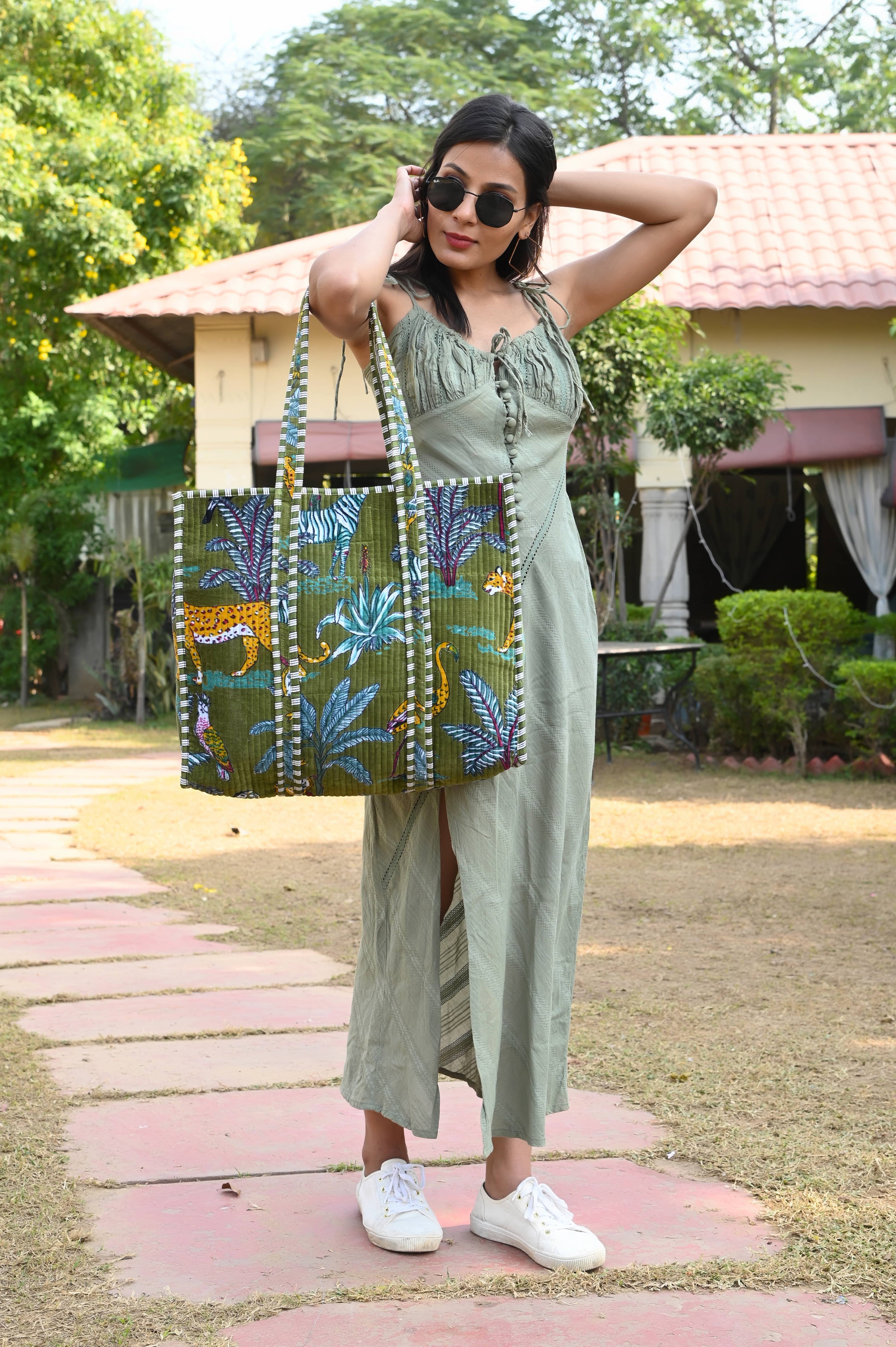 The Jungle Tote in Velvet — handmade quilted velvet tote bag, ethically made in Rajasthan, India