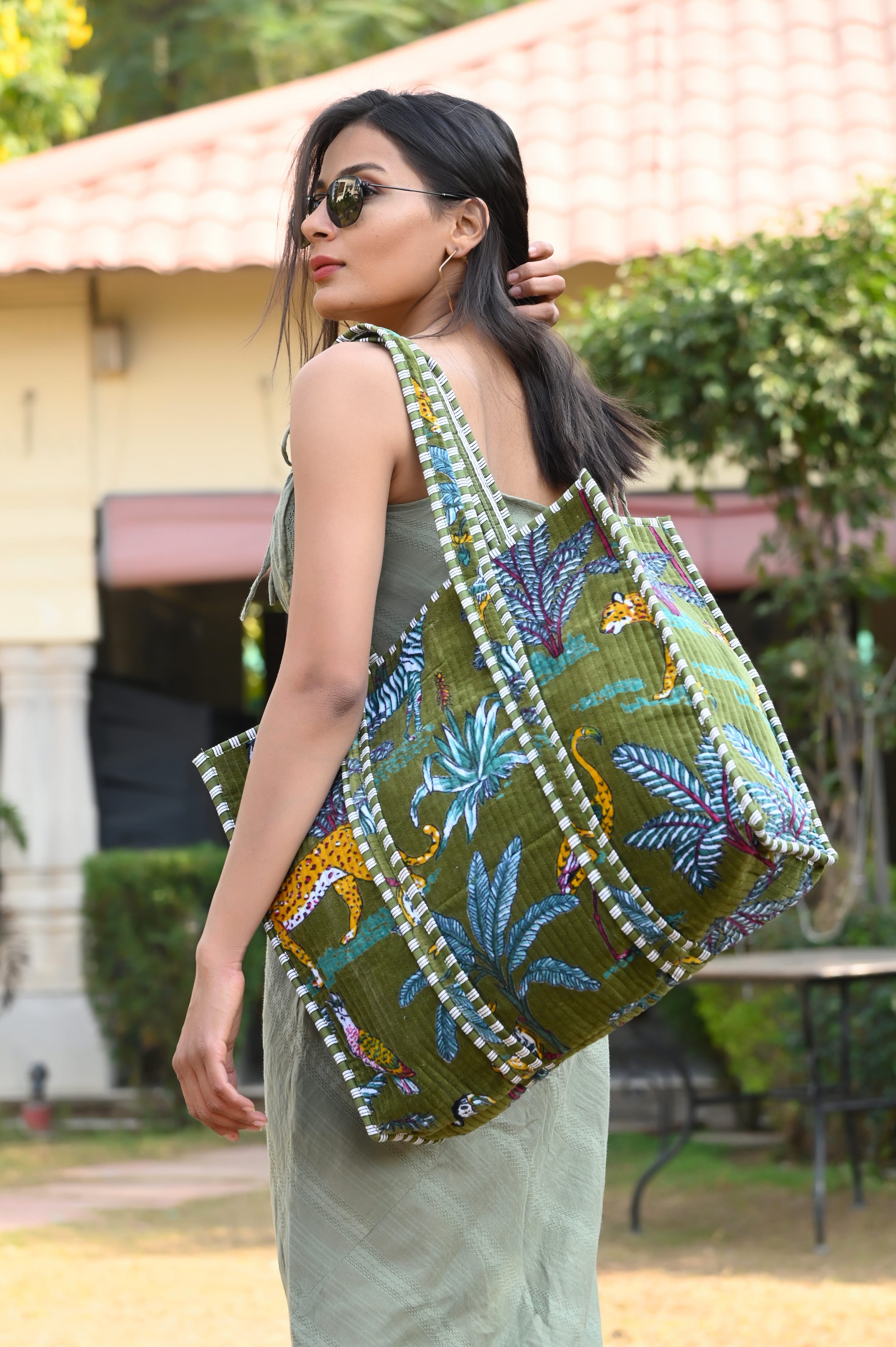 The Jungle Tote in Velvet — handmade quilted velvet tote bag, ethically made in Rajasthan, India