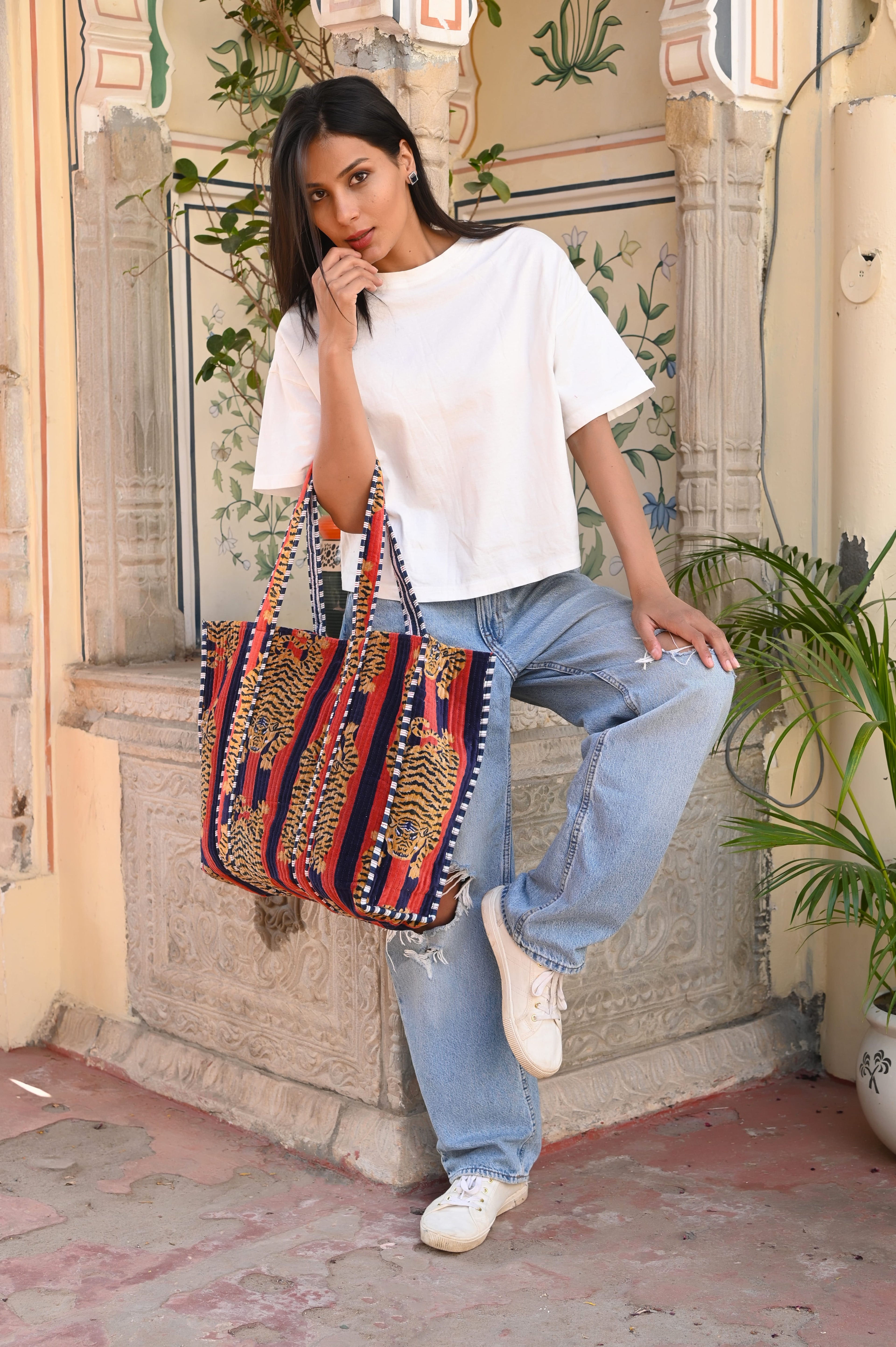 The Tibetan Tiger Tote in Velvet — handmade quilted velvet tote bag, ethically made in Rajasthan, India