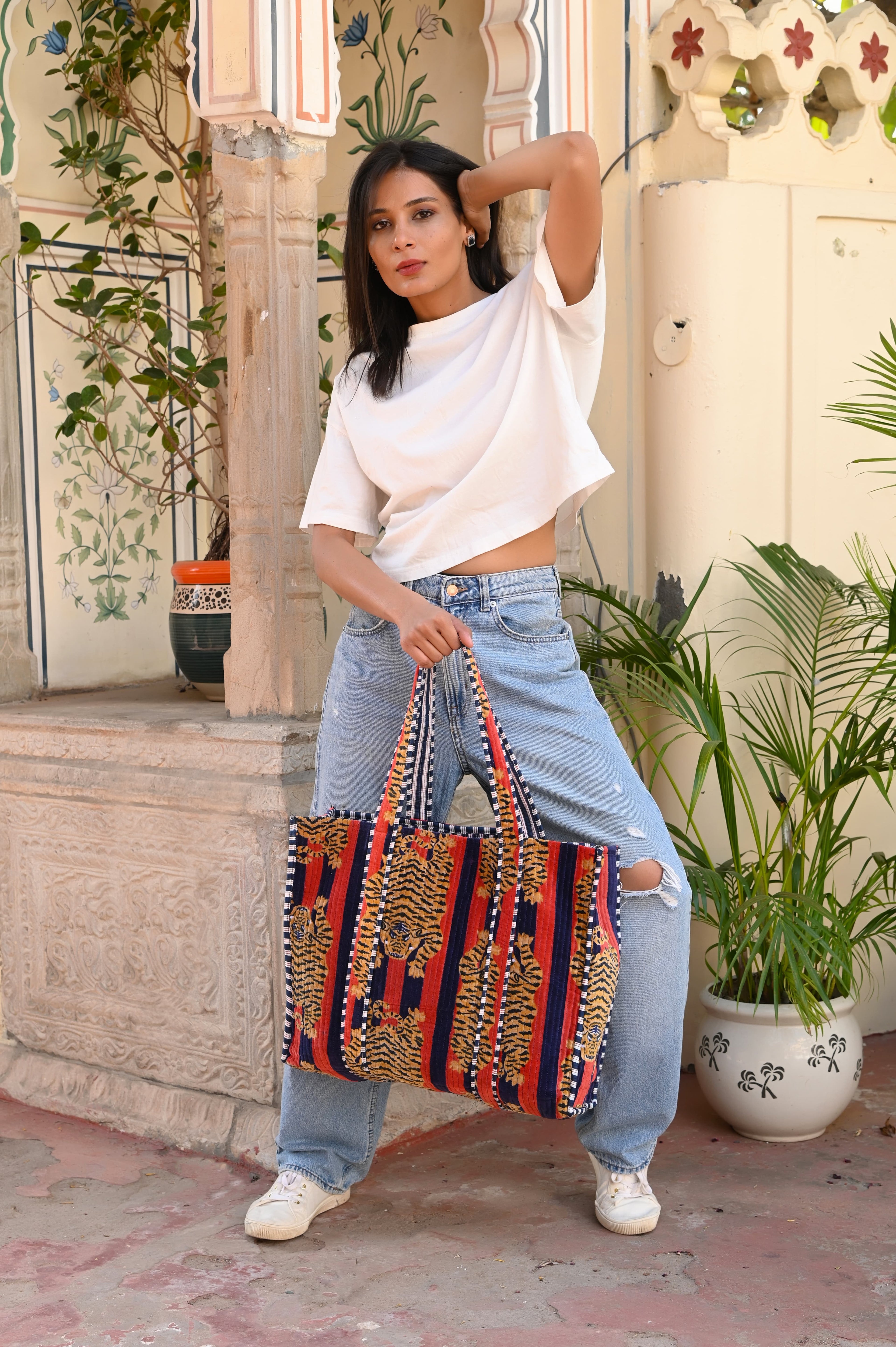 The Tibetan Tiger Tote in Velvet — handmade quilted velvet tote bag, ethically made in Rajasthan, India