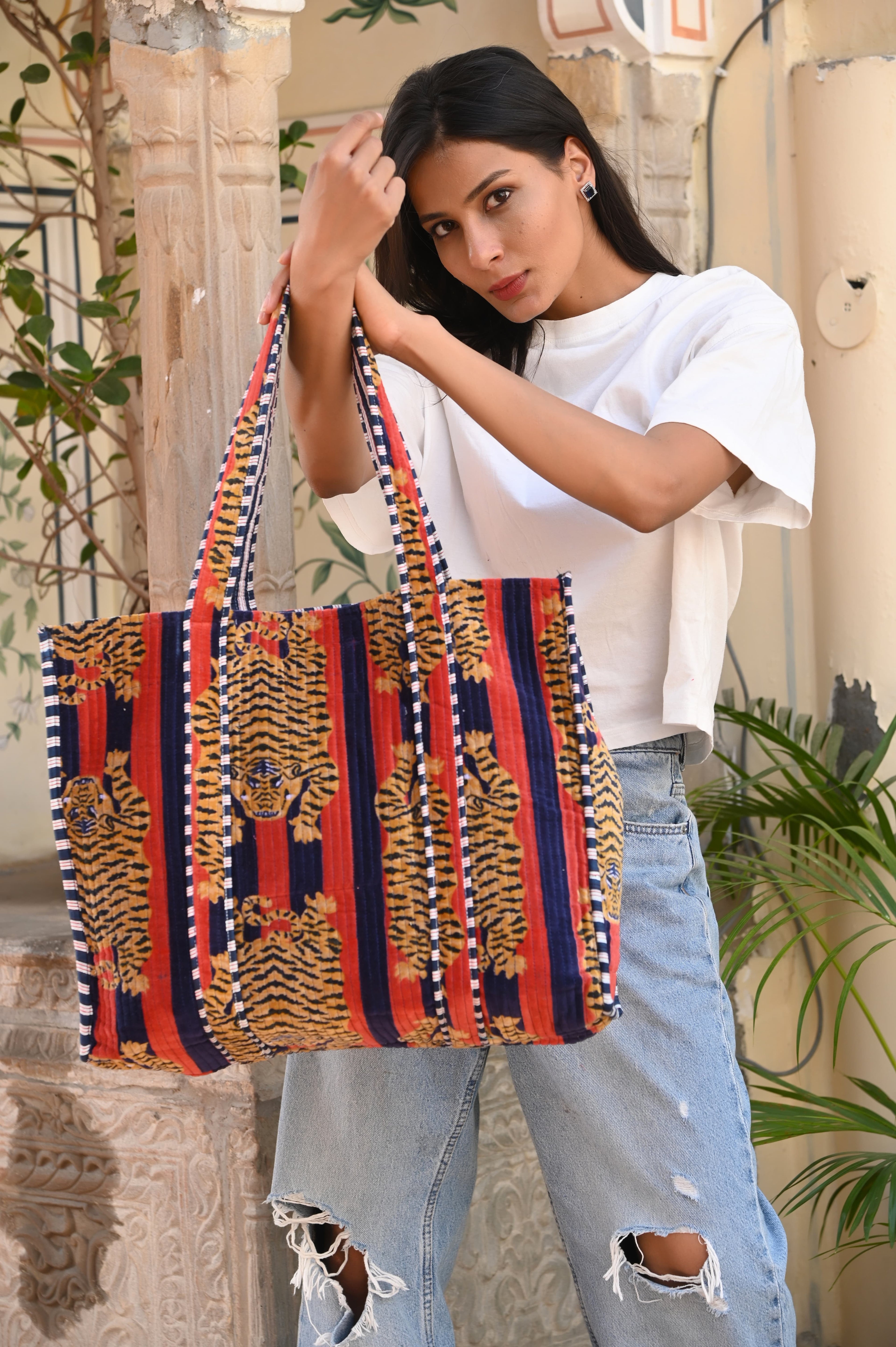 The Tibetan Tiger Tote in Velvet — handmade quilted velvet tote bag, ethically made in Rajasthan, India