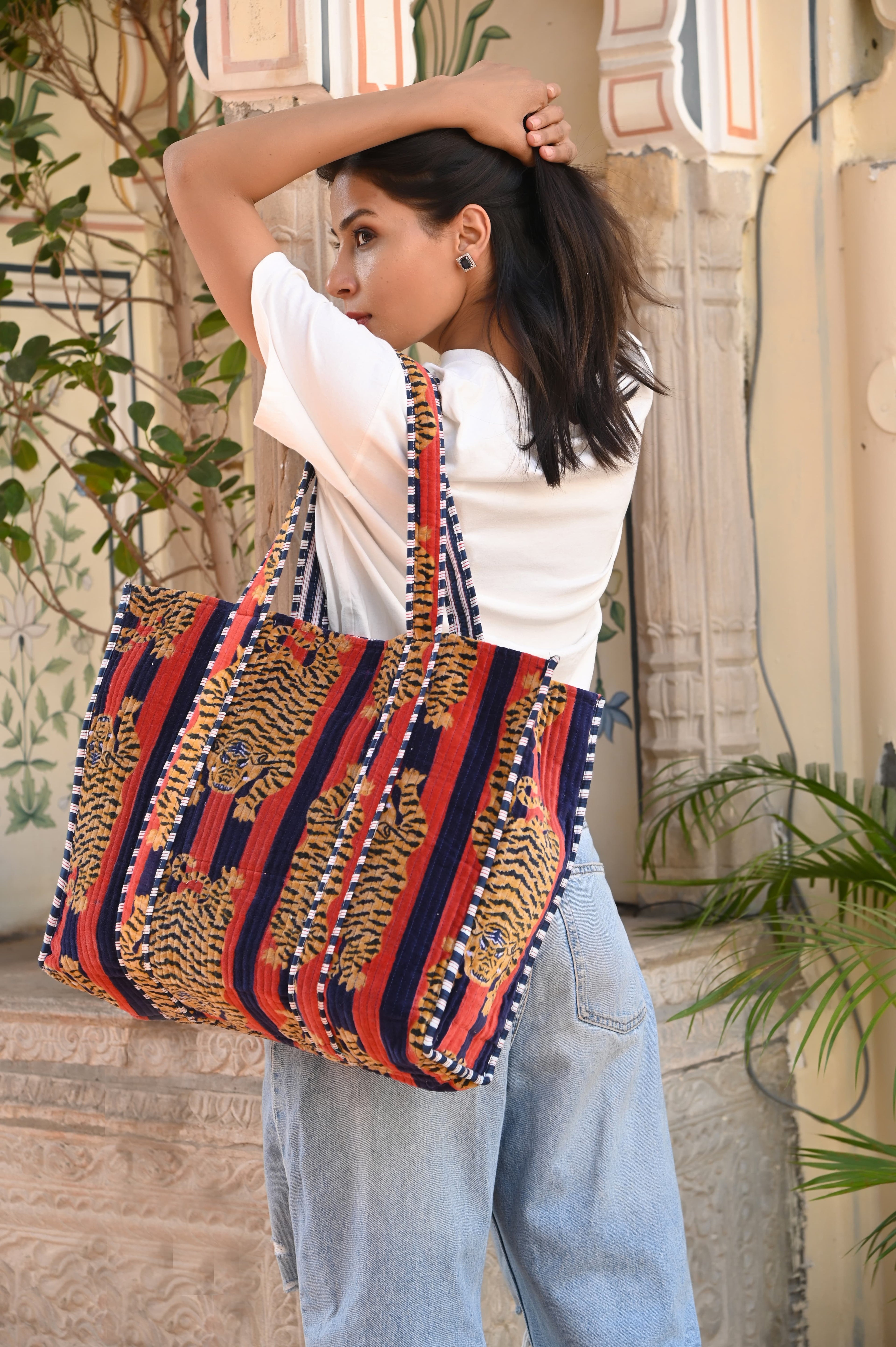 The Tibetan Tiger Tote in Velvet — handmade quilted velvet tote bag, ethically made in Rajasthan, India