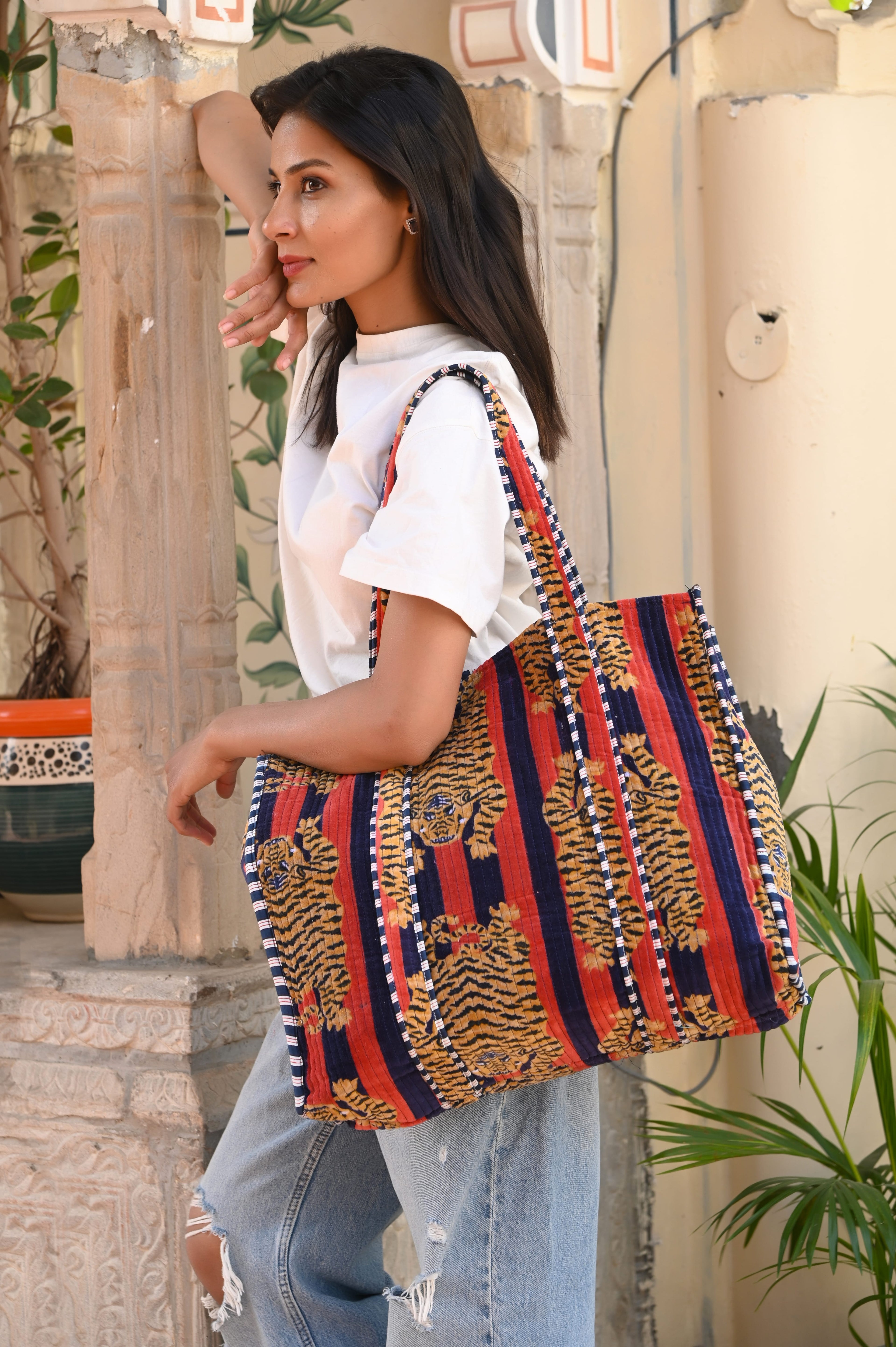 The Tibetan Tiger Tote in Velvet — handmade quilted velvet tote bag, ethically made in Rajasthan, India