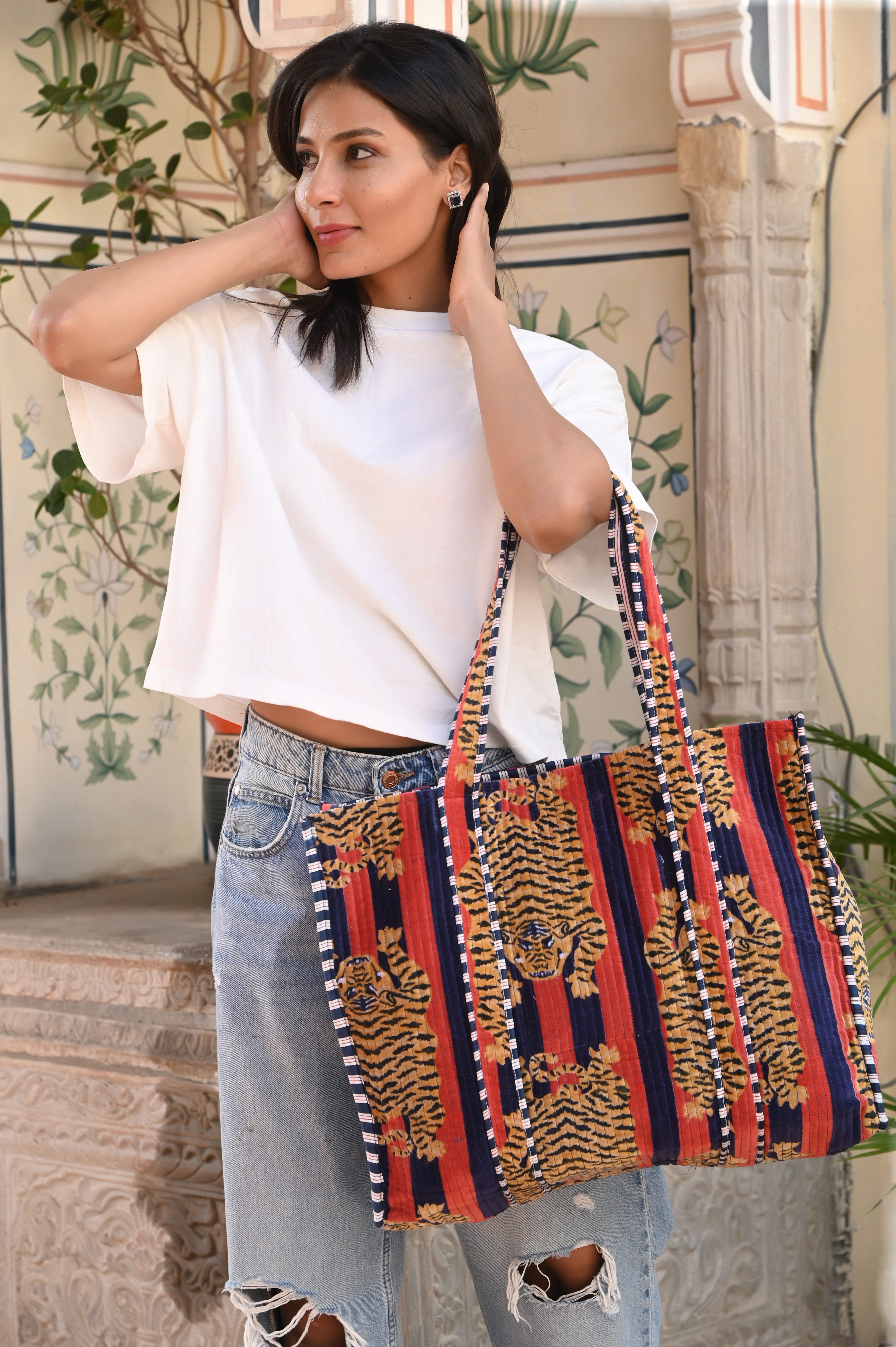 The Tibetan Tiger Tote in Velvet — handmade quilted velvet tote bag, ethically made in Rajasthan, India