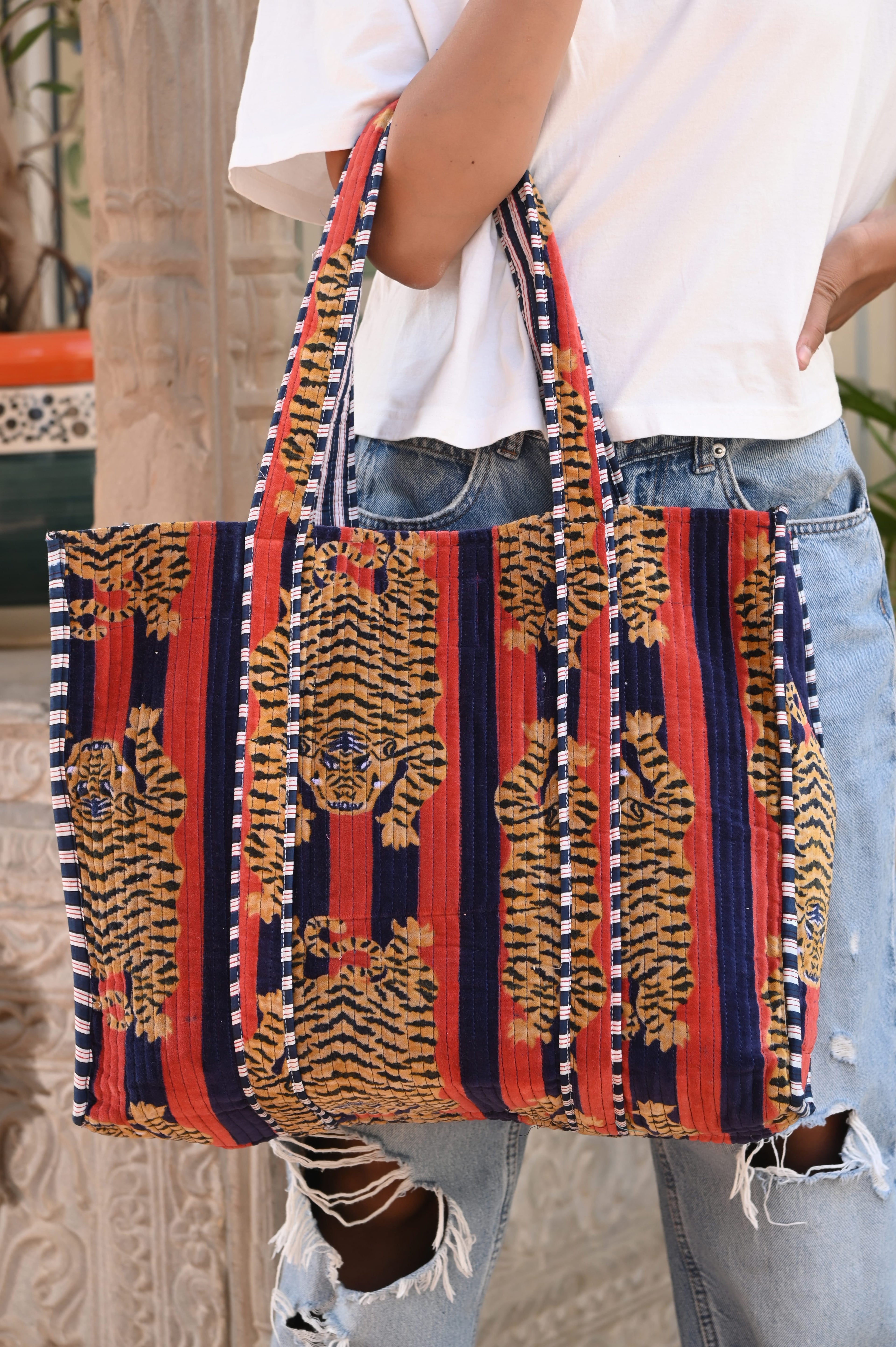 The Tibetan Tiger Tote in Velvet — handmade quilted velvet tote bag, ethically made in Rajasthan, India