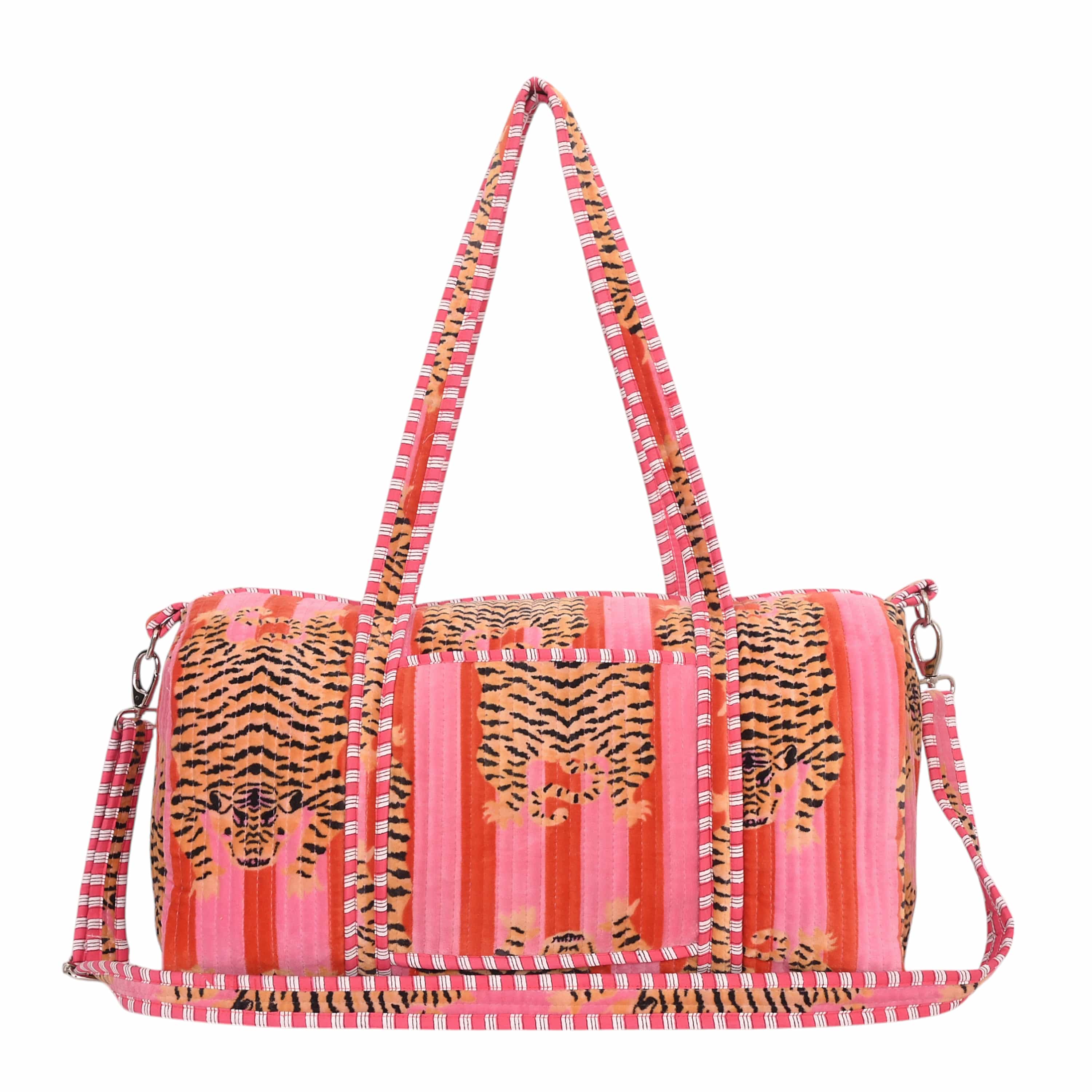 Front view of The Tibetan Tiger Velvet Weekender in plush velvet with the hand-block-printed Tibetan tiger motif filling the body
