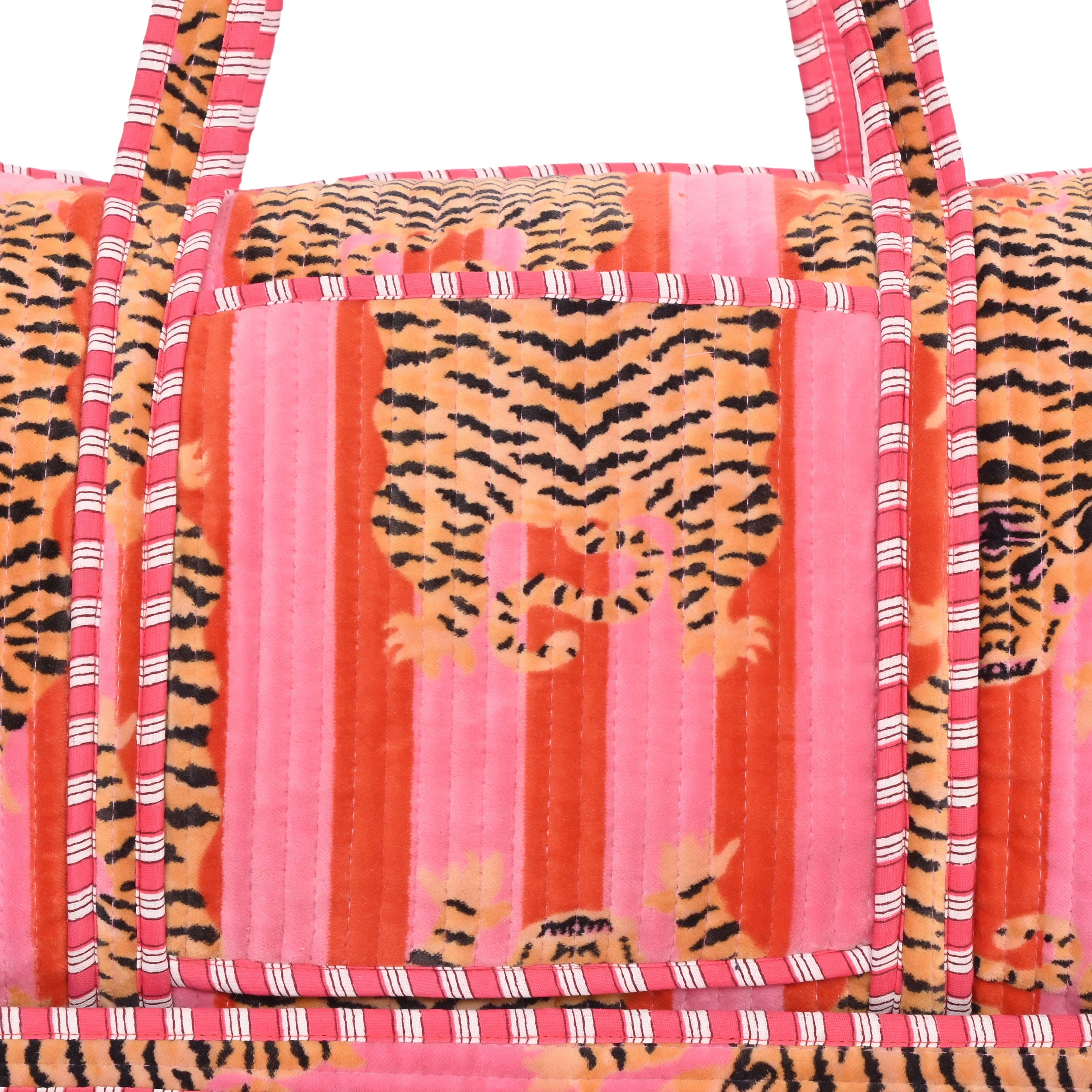 The Tibetan Tiger Velvet Weekender — handmade quilted velvet weekender bag, ethically made in Rajasthan, India