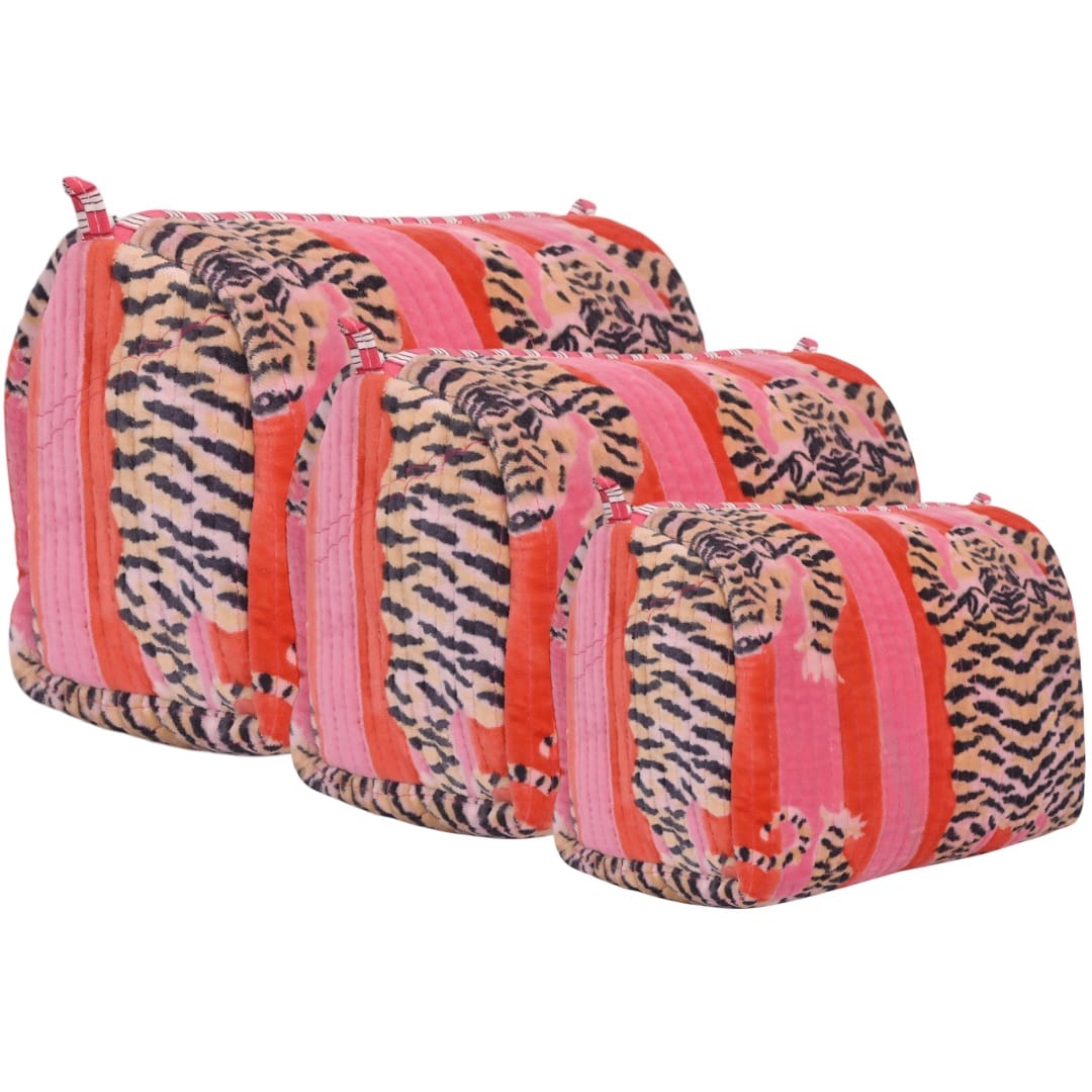 Tibetan Tiger Velvet 3 Piece Travel Set — handmade quilted velvet travel pouch set, ethically made in Rajasthan, India