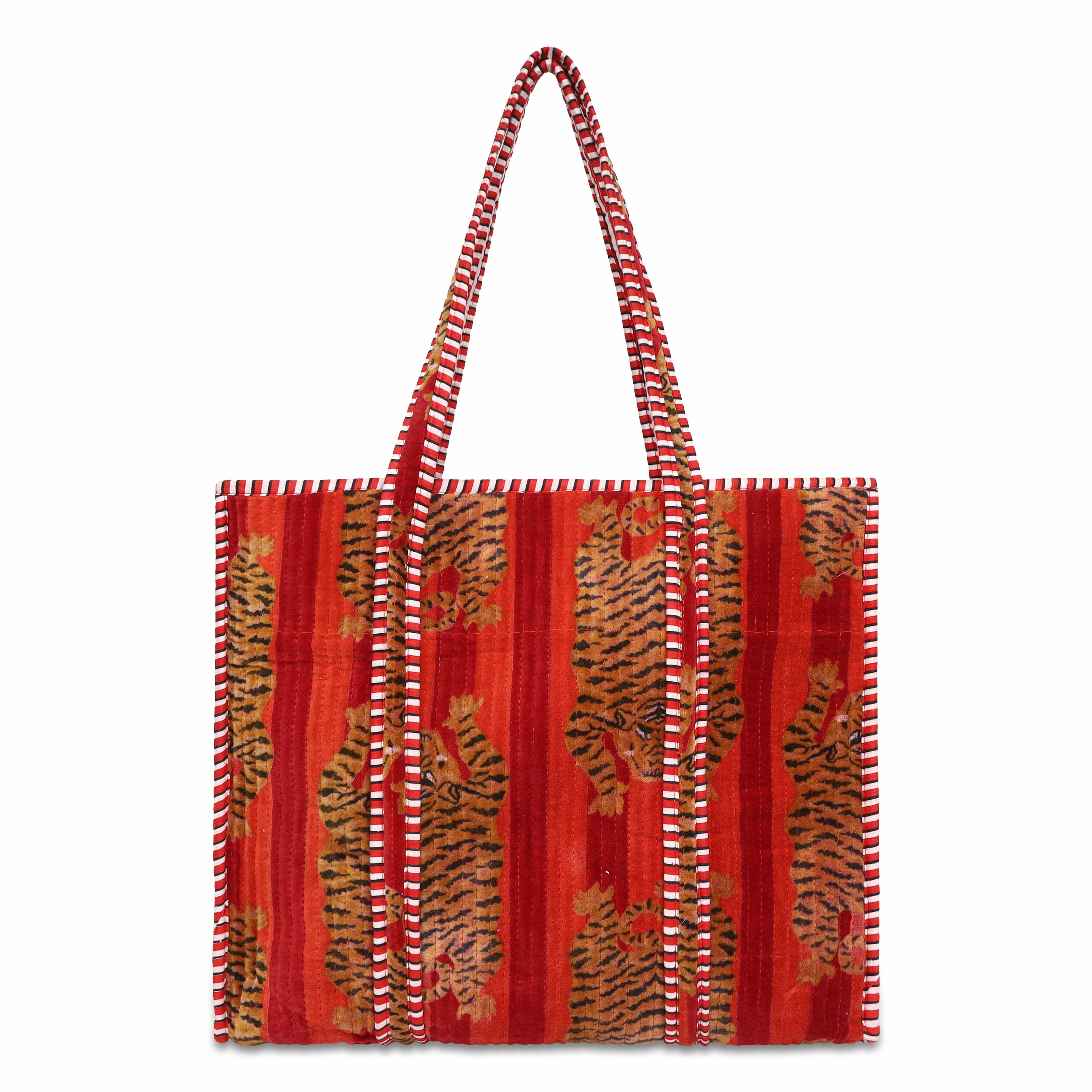 The Tibetan Tiger Tote in Velvet — handmade quilted velvet tote bag, ethically made in Rajasthan, India